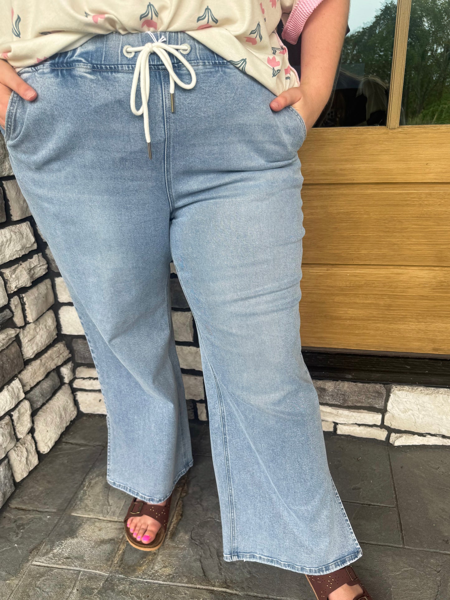 Plus Size High Rise Drawstring Waistband Slit Wide Leg Jeans