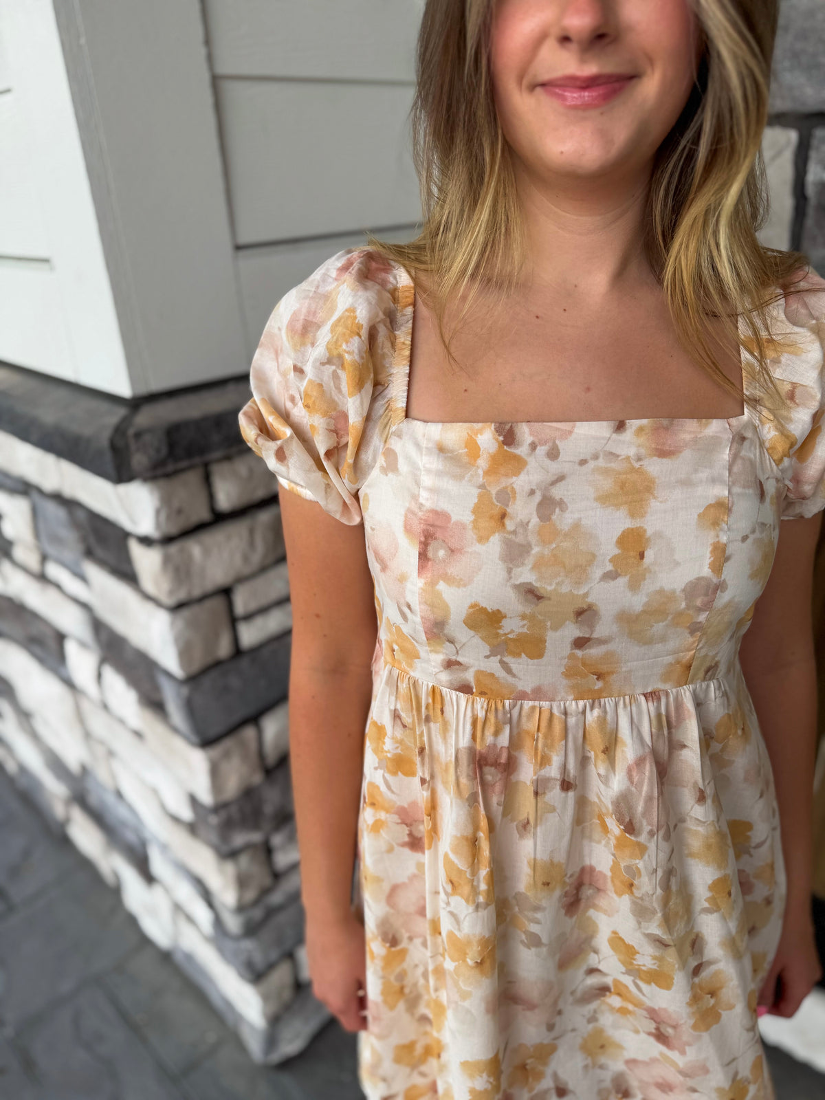 Bailey Mustard Floral Print Puff Sleeve Square Neck Mini Dress