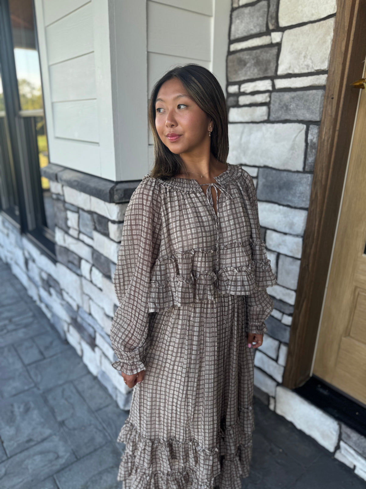 Lana Brown Plaid Smocked Neckline Top