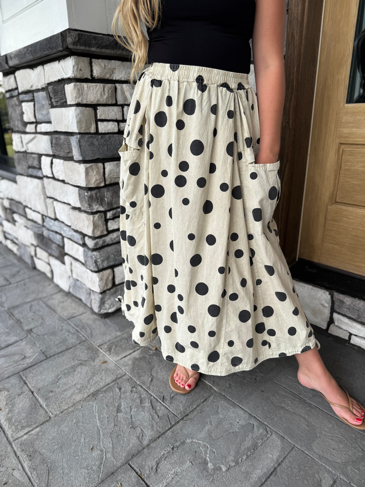 Astrid Khaki & Black Polka Dot Woven Cinch Hem Midi Skirt