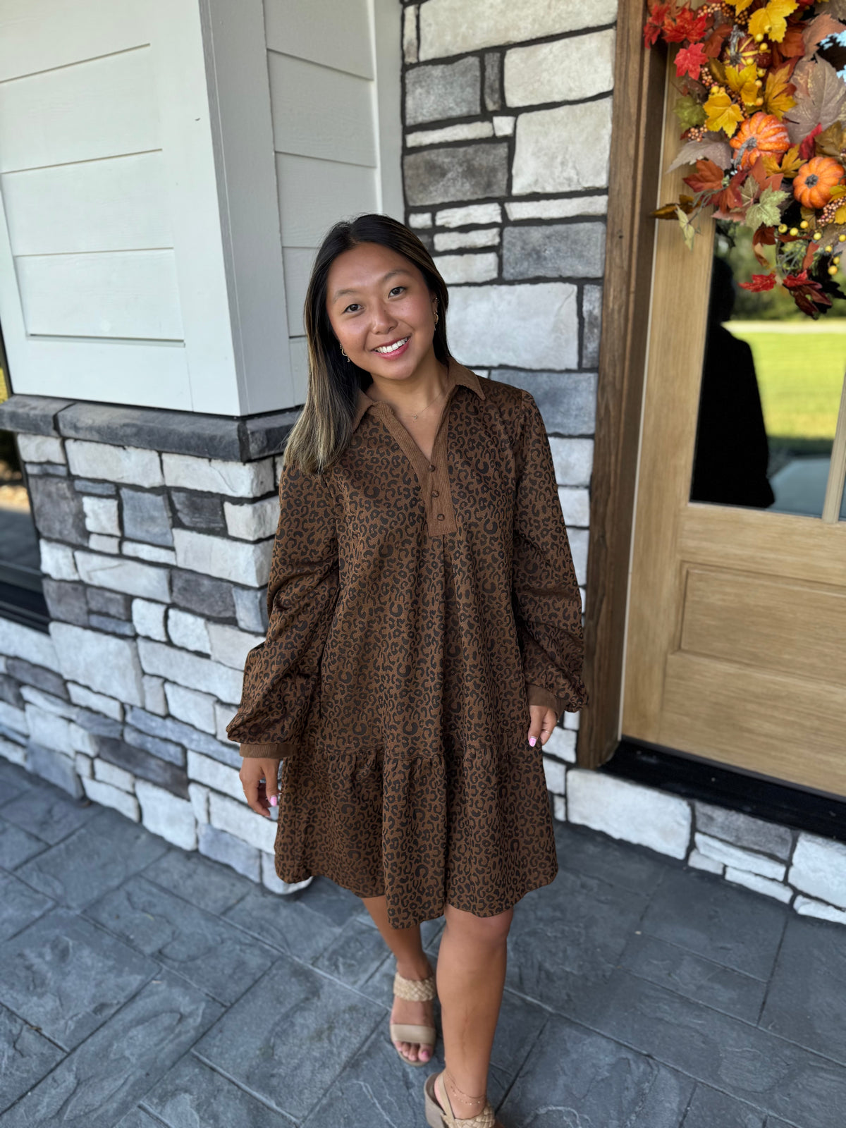 Phoebe Cheetah Print Jacquard Collared Tiered Dress