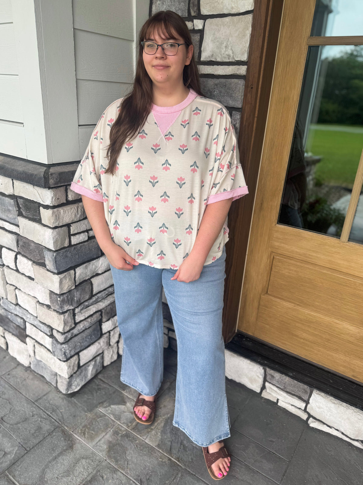 Riley Plus Size Pink & Ivory Tulip Print Crew Neck Pullover Knit Top