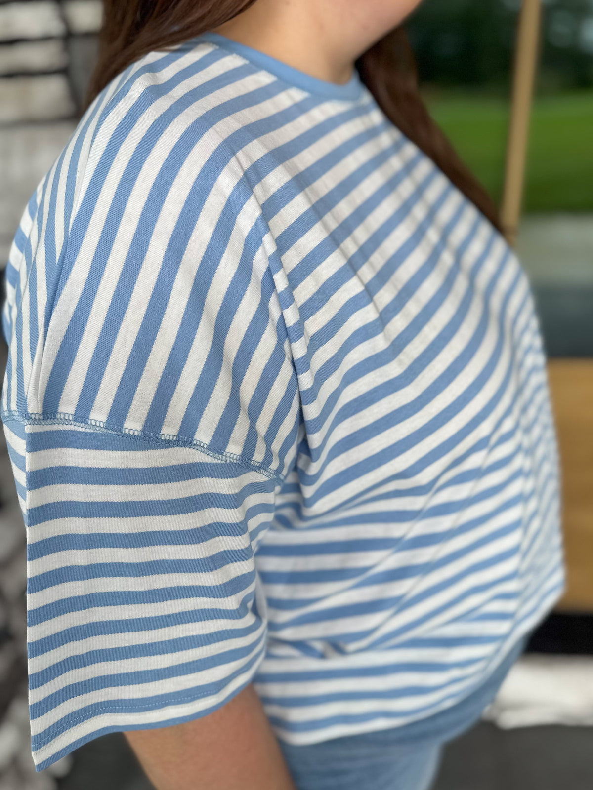 Hallie Blue & Off White Striped Round Neck Slight Crop Oversized Tee