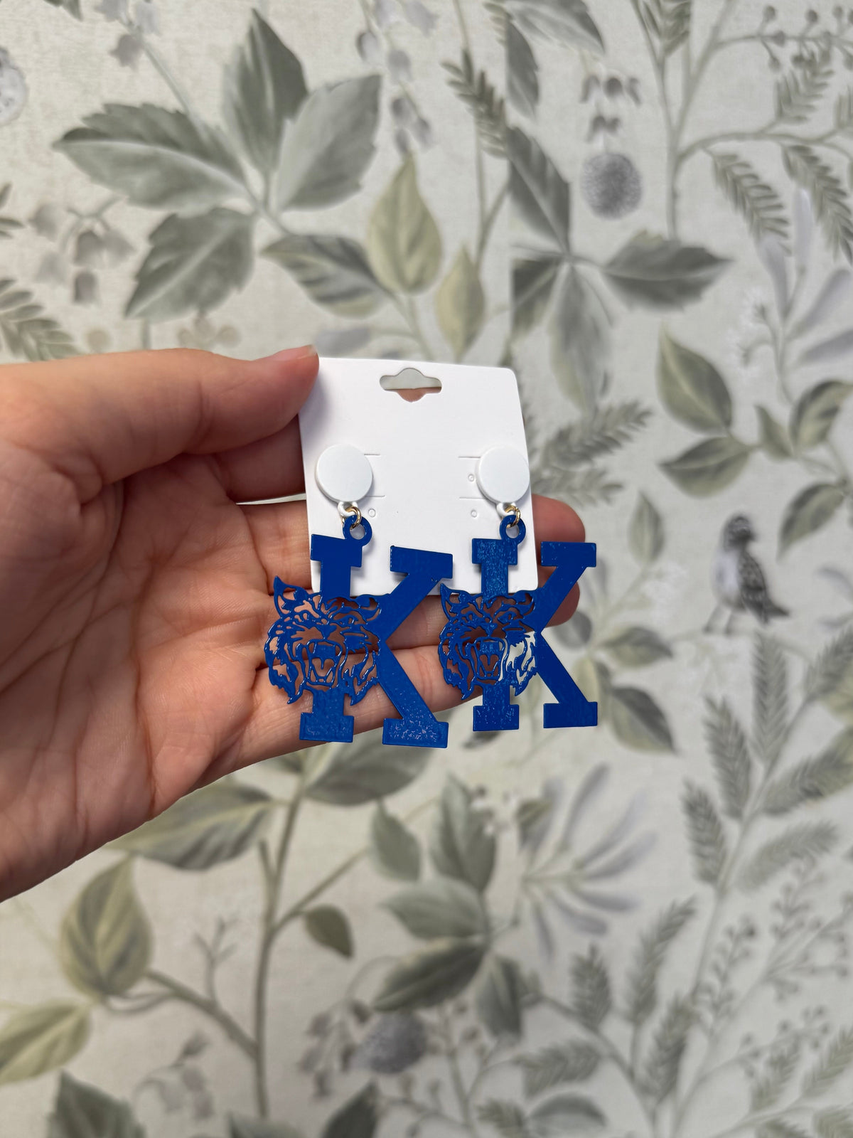 Blue & White "K" Wildcat Dangle Earrings