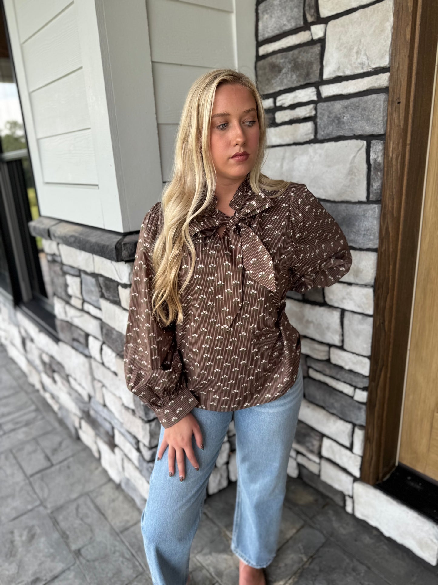Fran Brown Floral Blouse W/ Bow Tie Detail