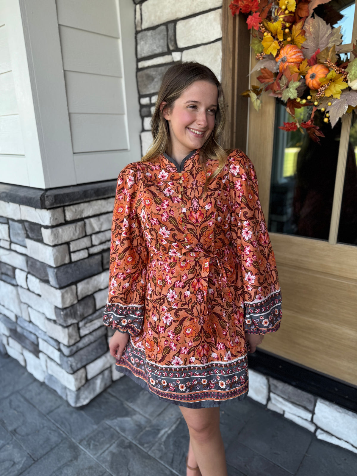 Ember Floral Border Print Belted Mini Dress
