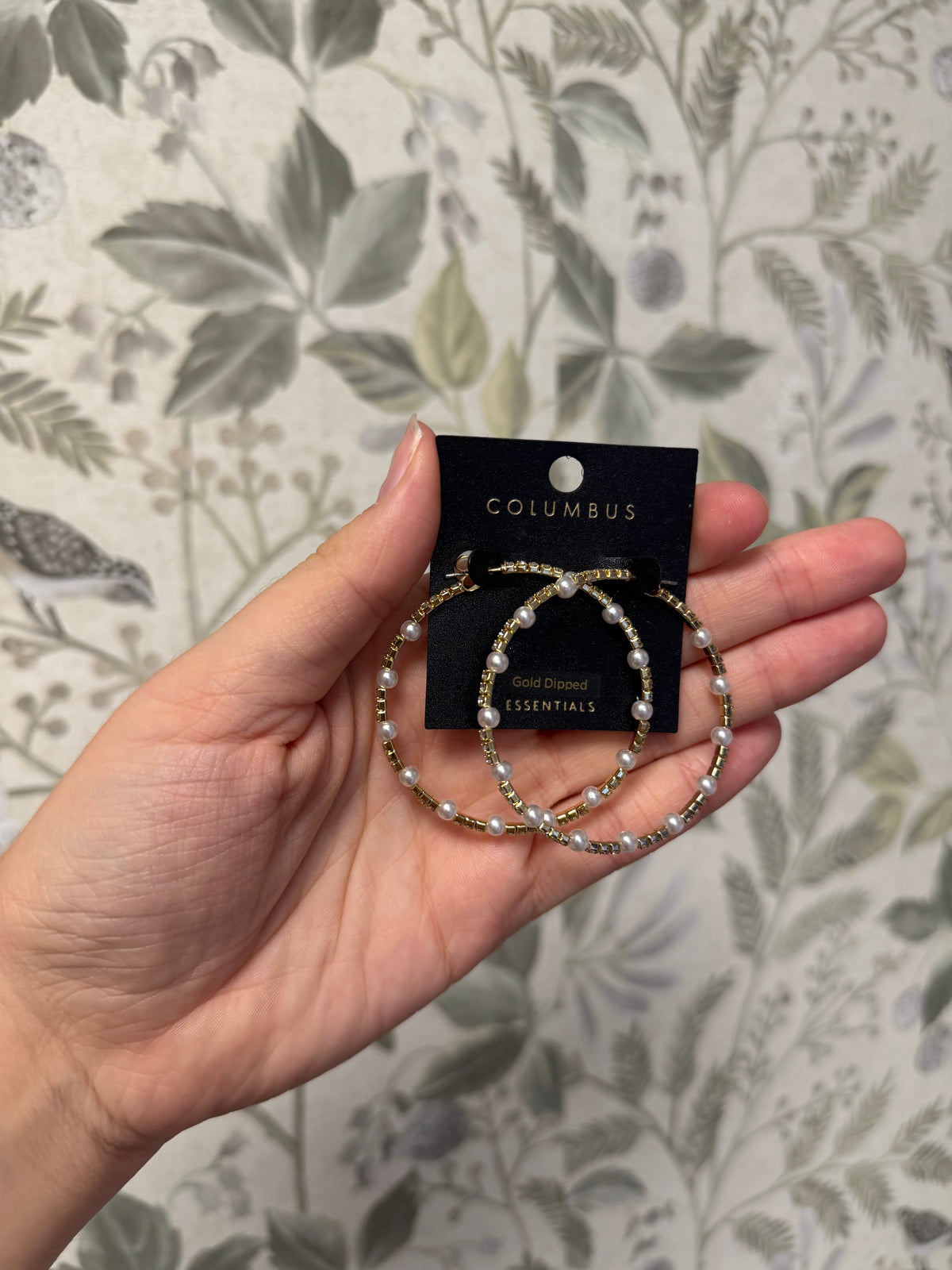 Large Rhinestone & Pearl Gold Hoop Earrings