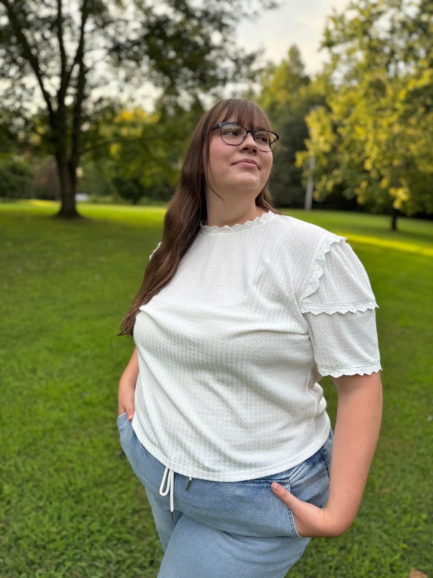 Julie Plus Size White Waffle Knit Top W/ Lace Details