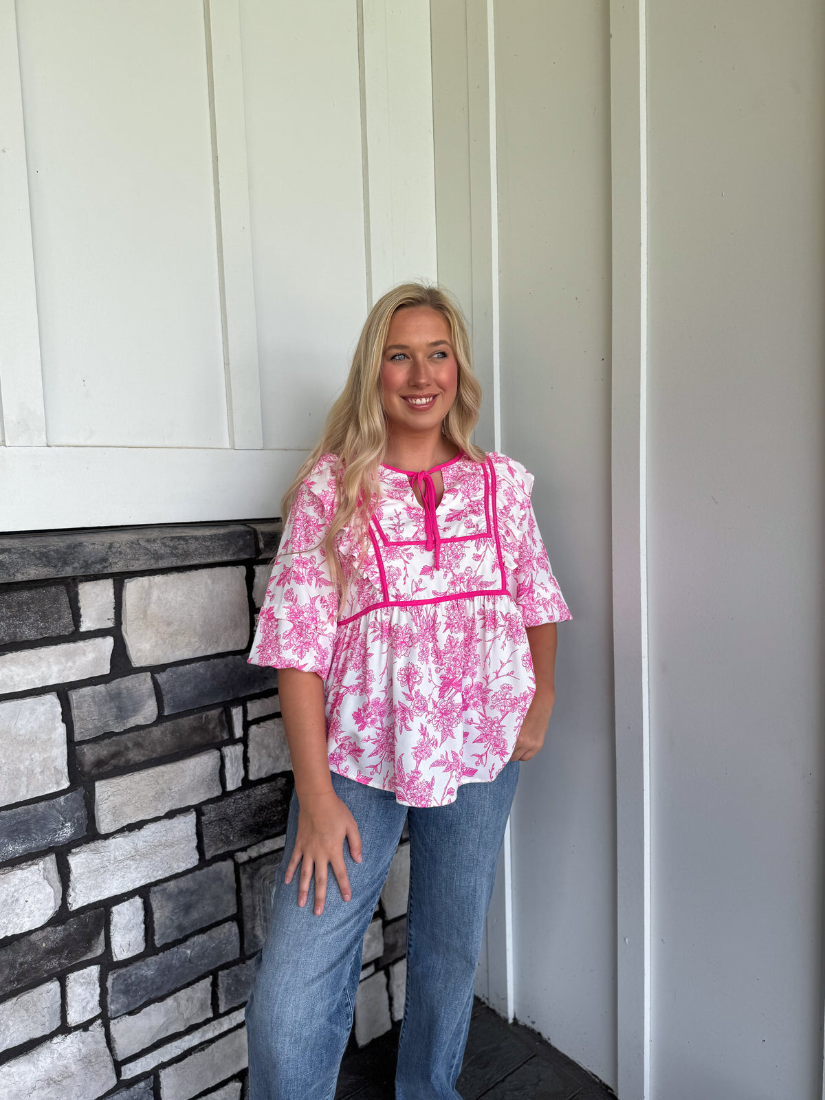 Wren Hot Pink & White Notched Neck Woven Top W/ Bow Tie
