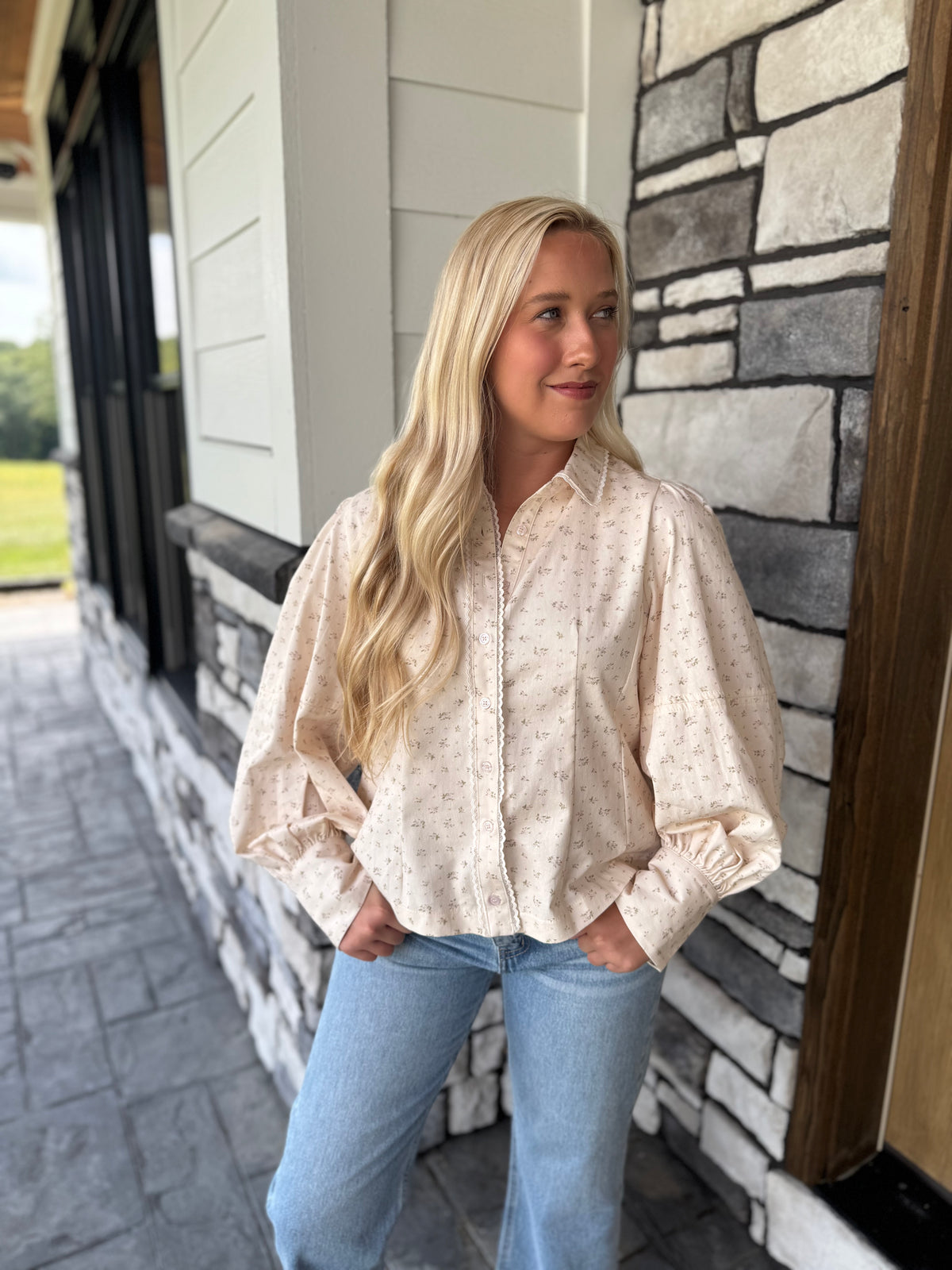 Sutton Ivory Floral Blouse W/ Lace Details