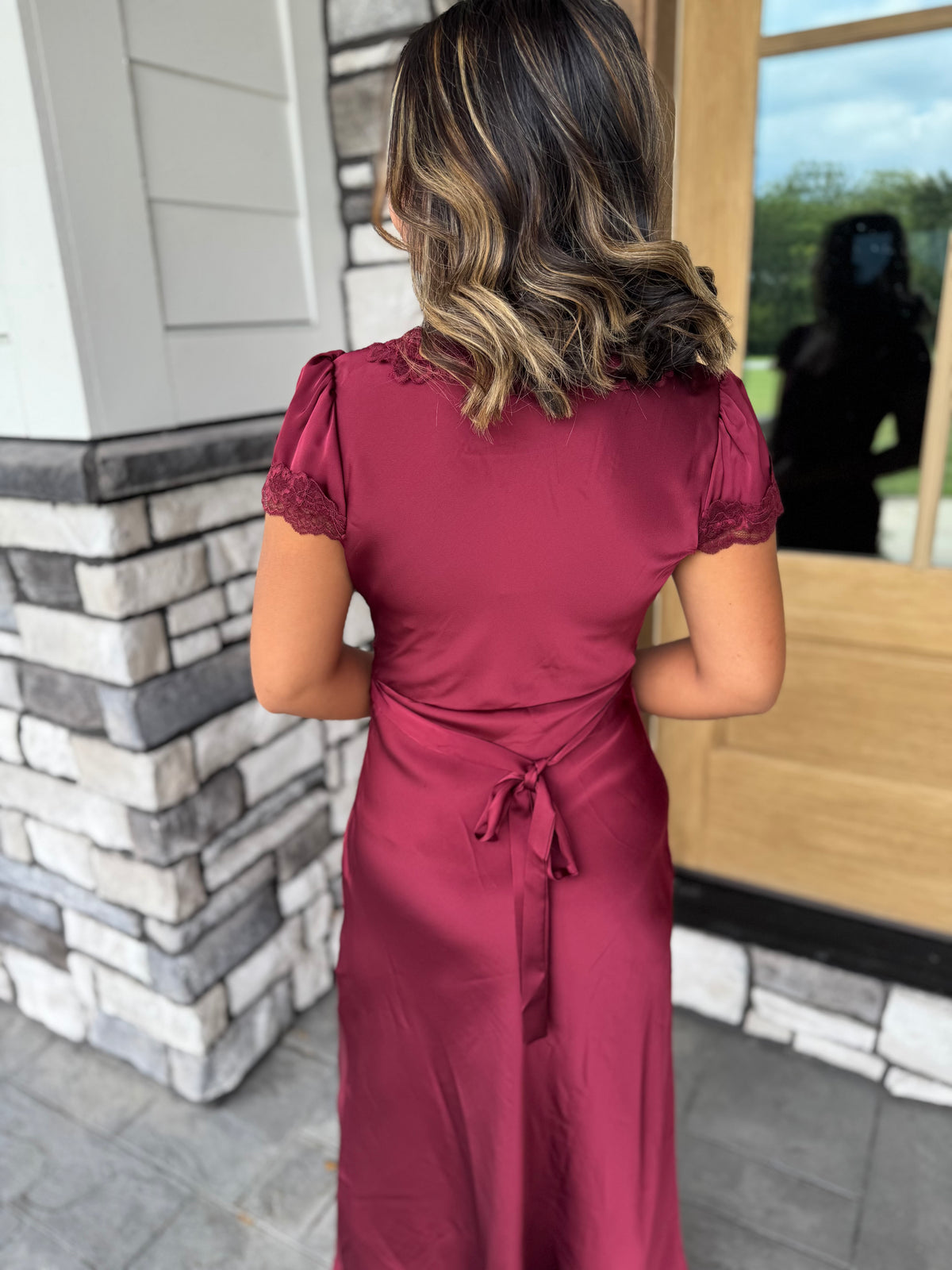 Ramona Burgundy Satin Lace Trim Detail Midi Dress