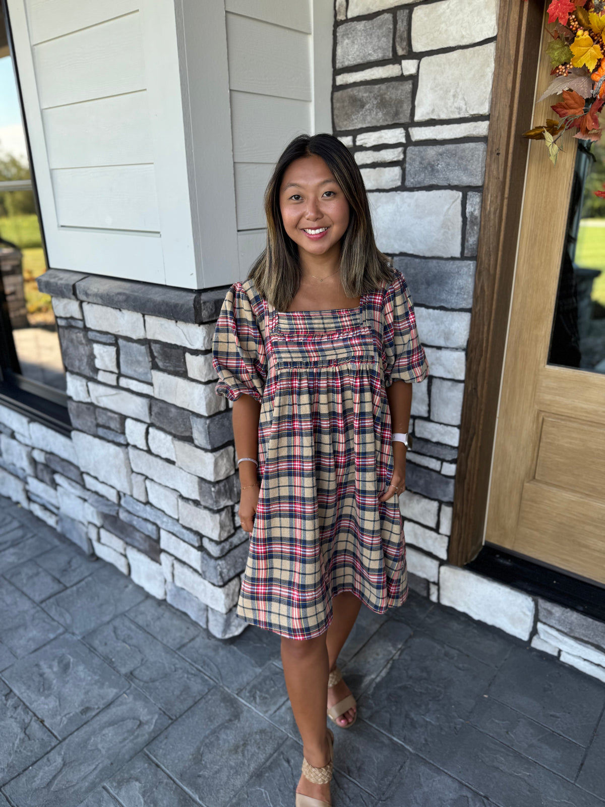 Emerson Khaki Mix Puff Sleeve Plaid Mini Dress
