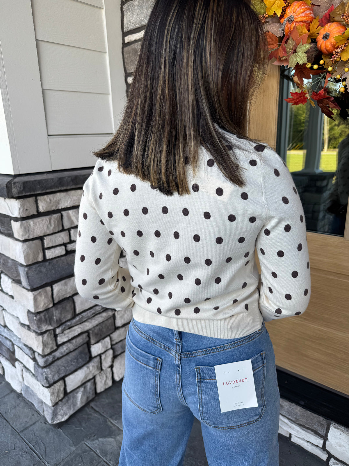 Natalie Cream Cardigan W/ Brown Polka Dots