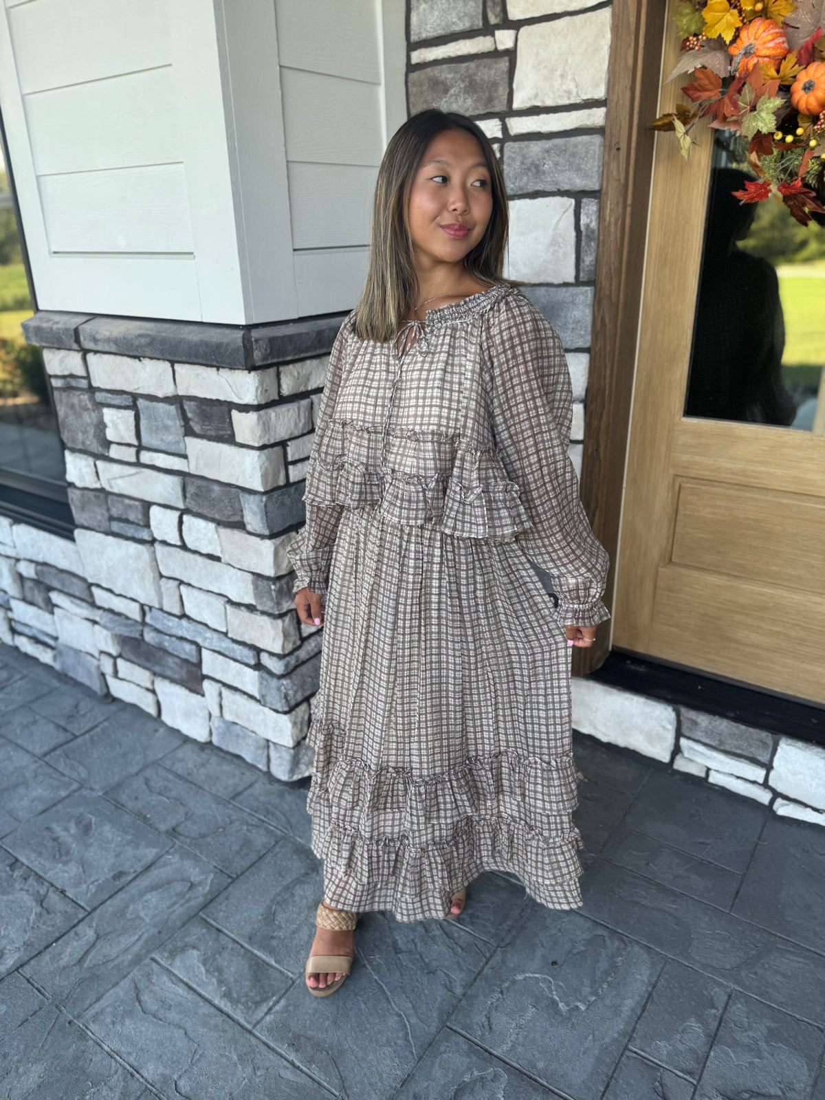 Lana Brown Plaid Smocked Neckline Top