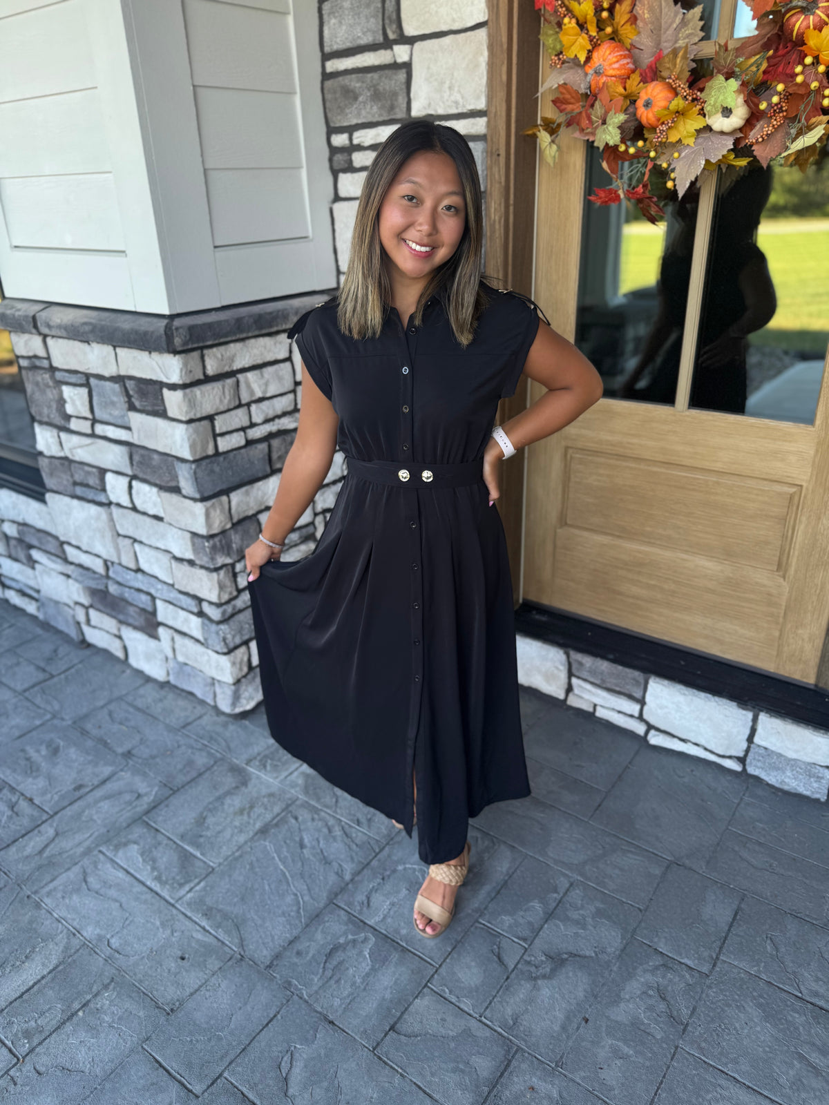 Amber Black Tab Shoulder Detail Belted Midi Dress