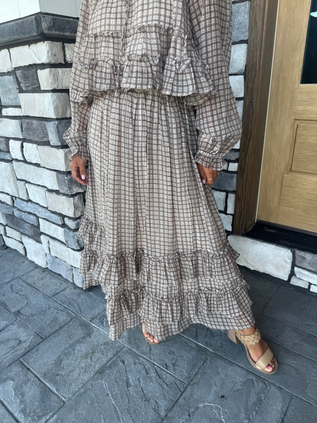 Lana Brown Plaid Ruffled Hem Midi Skirt