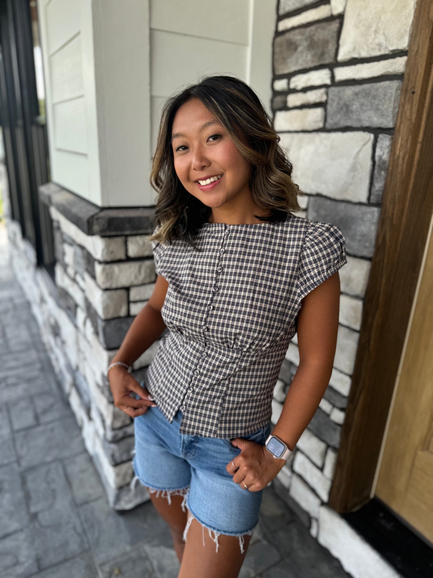 Chloe Navy Plaid Button Up Puff Sleeve Top
