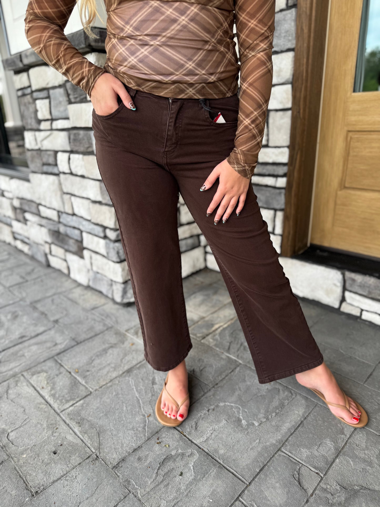 Danica Brown Slim Wide Cropped Ankle Jeans