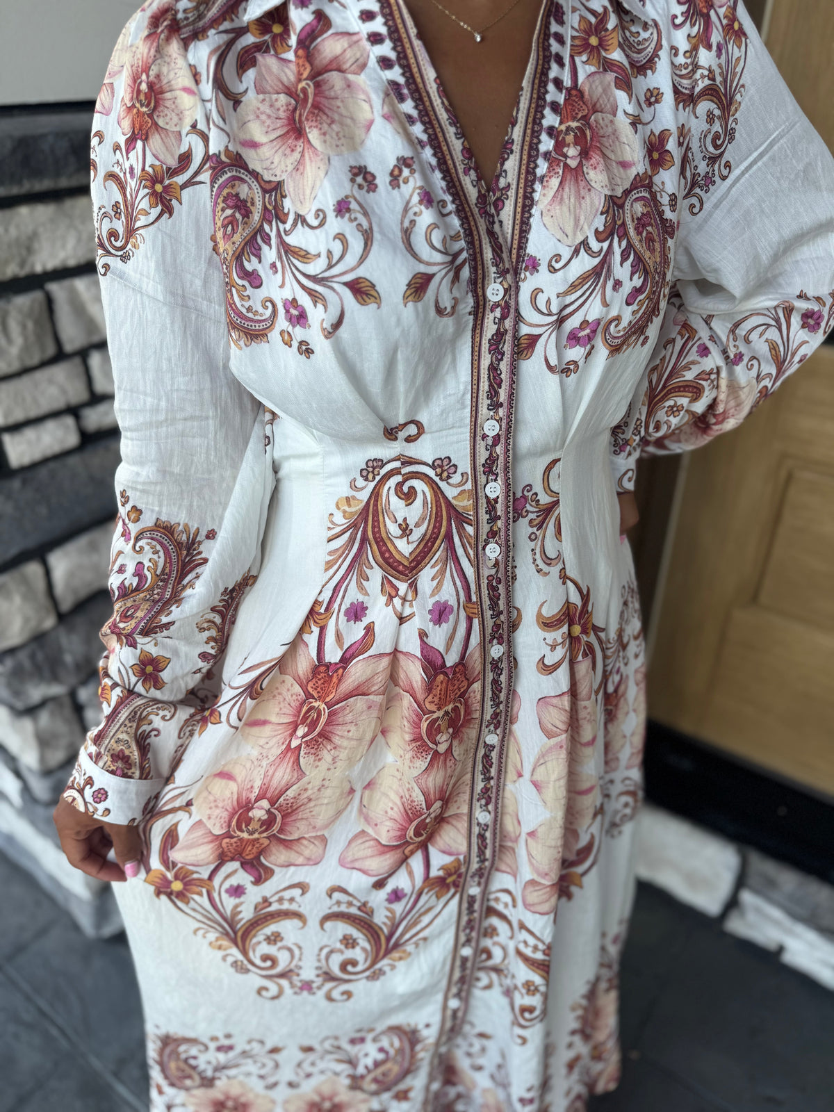 Mabel Amber Paisley Pleated Waist Button Up Midi Dress