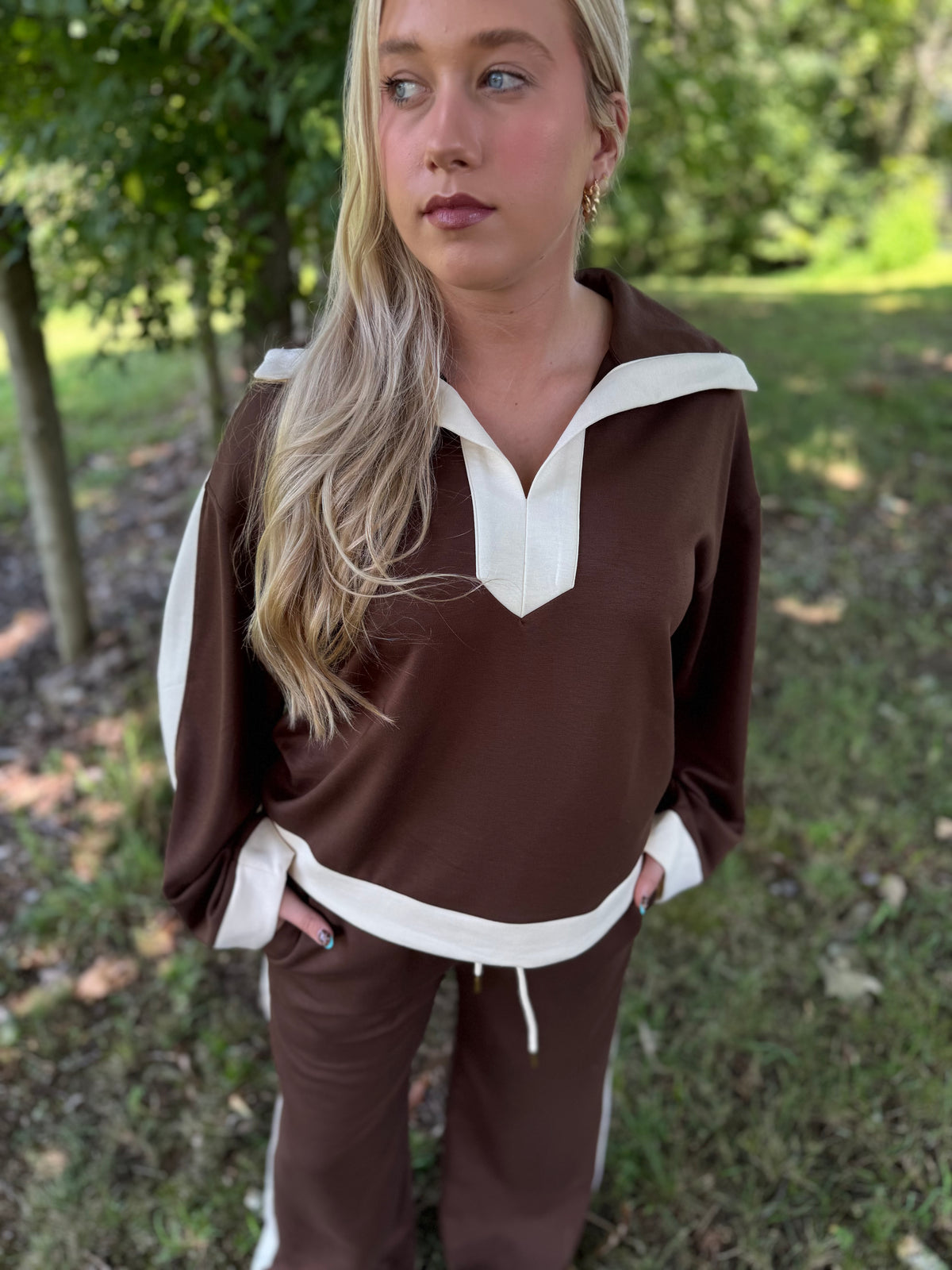 Leona Brown & Ivory Luxe Knit Matching Set W/ Color Block Details