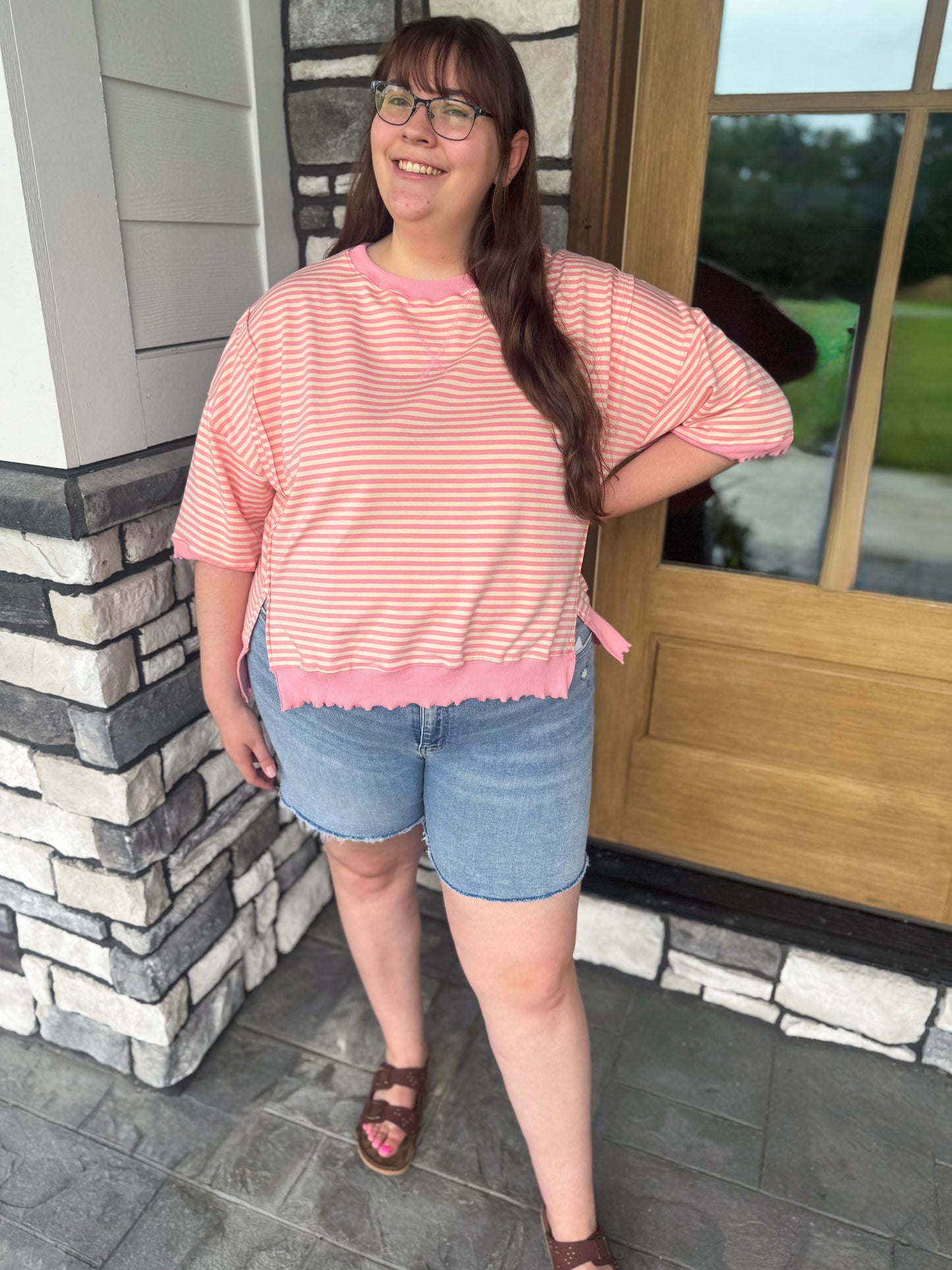 Debby Pink & Cream Candy Stripe Lettuce Edge Short Sleeve Sweatshirt
