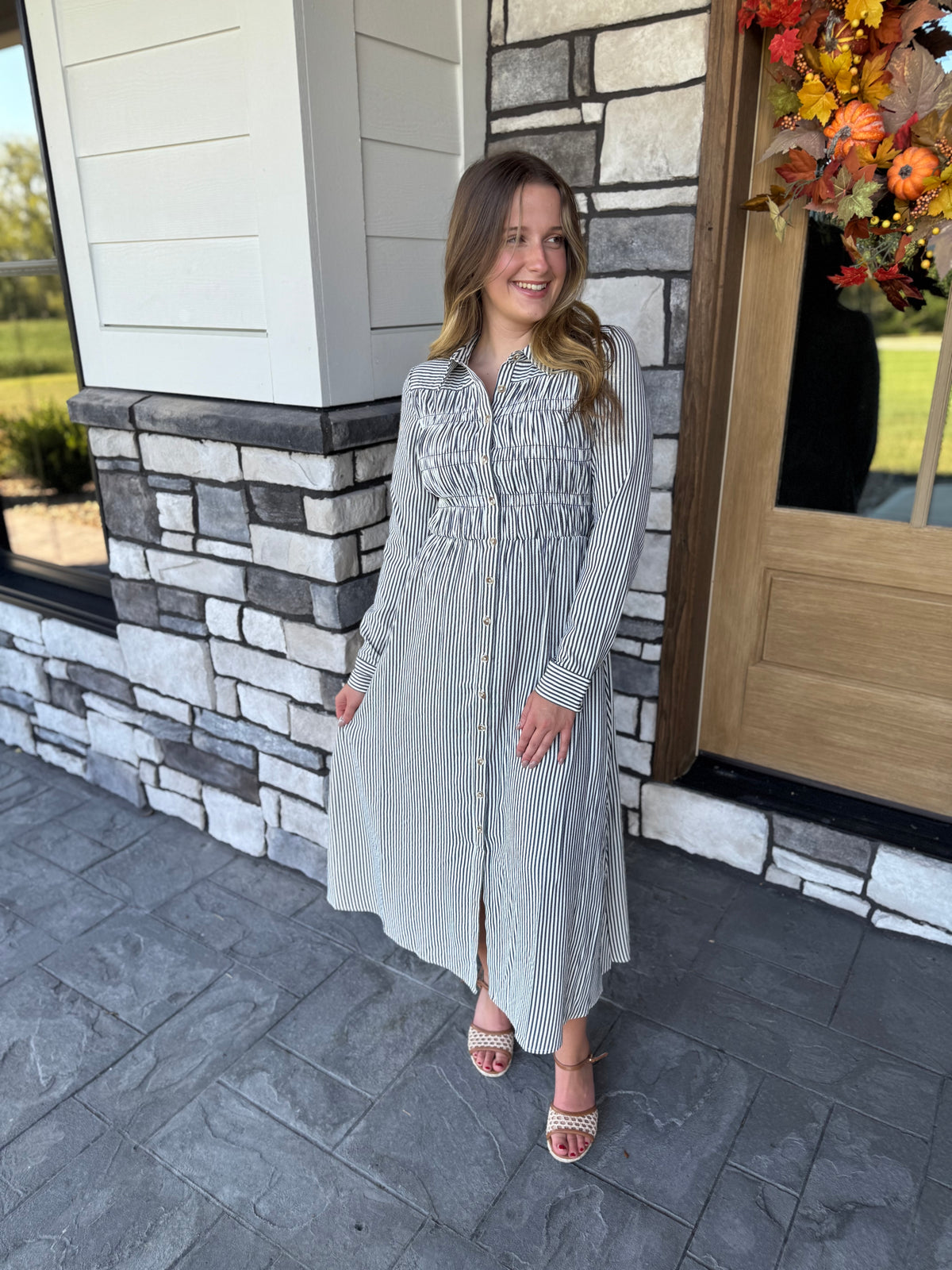 Mindy Navy Striped Button Up Midi Dress
