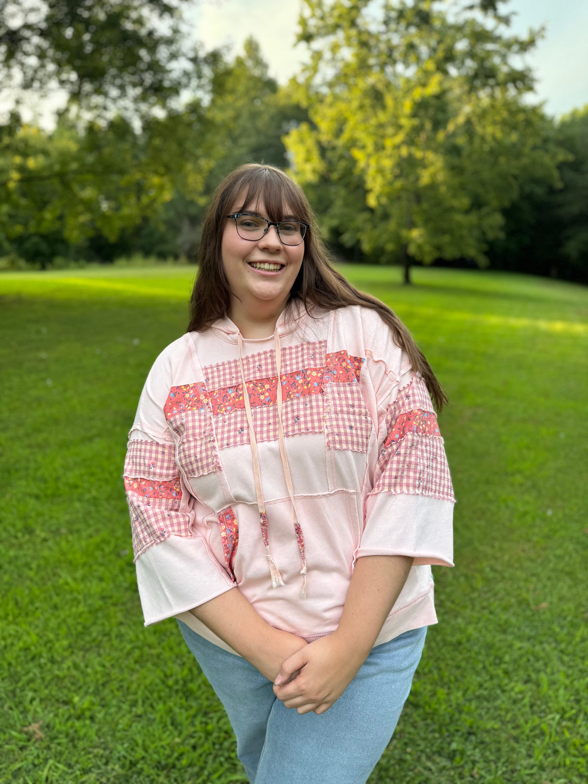 Pippy Plus Size Coral Pink Floral Patchwork Hooded Pullover