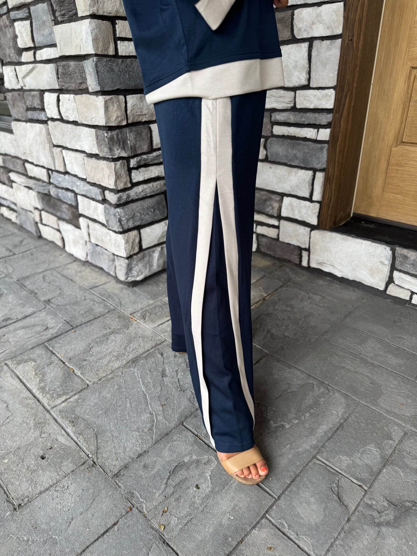 Angela Navy & Ecru Luxe Knit Matching Set W/ Stripe Details