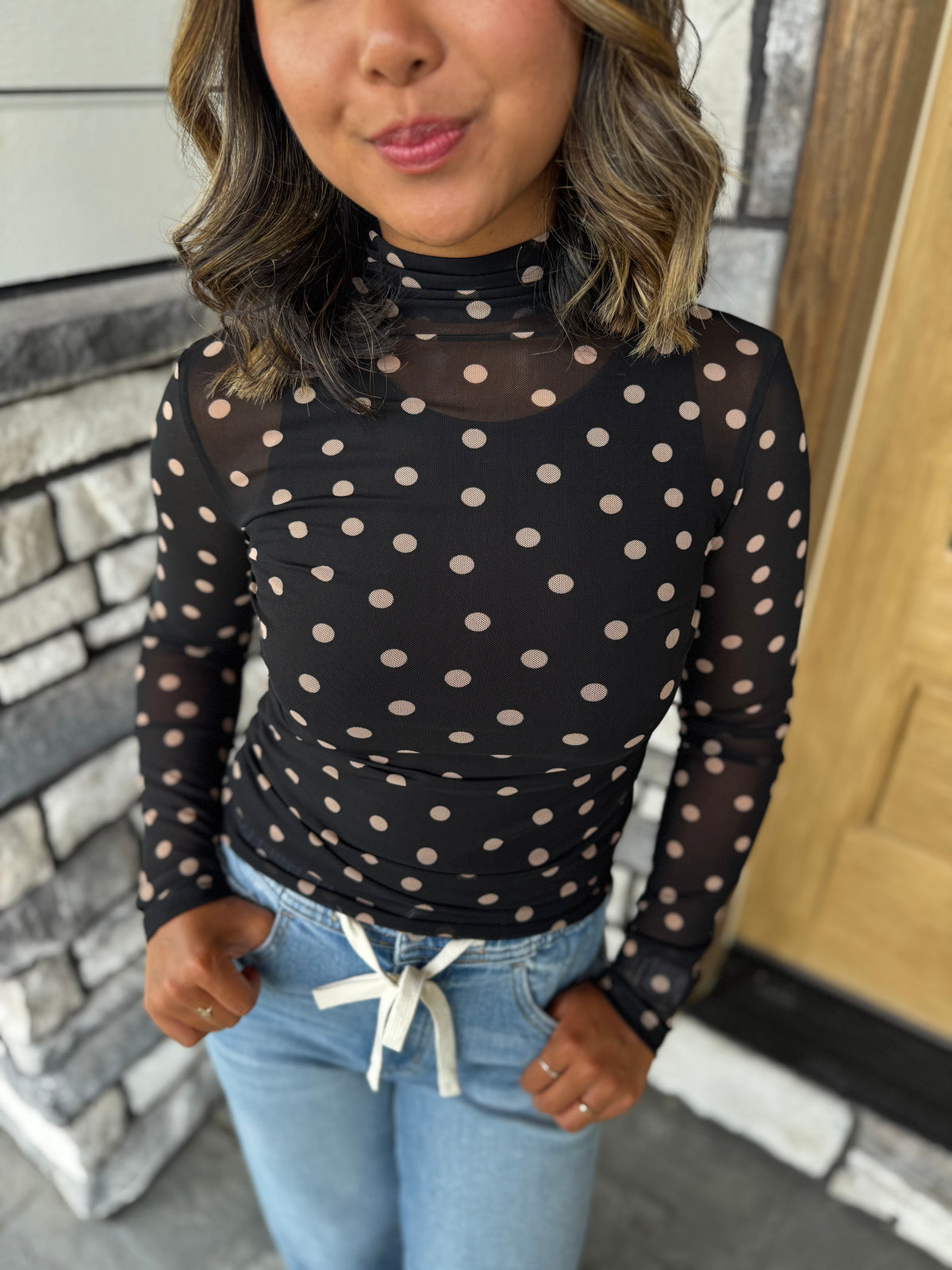 Emily Black & Tan Polka Dot Long Sleeve Mesh Top