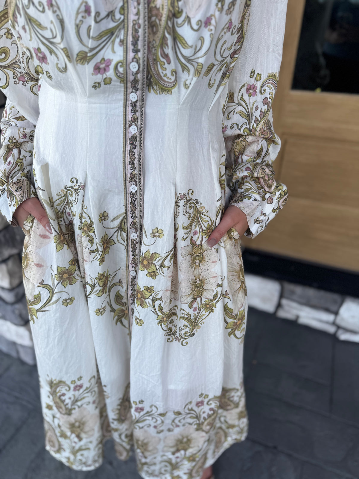 Mabel Olive Paisley Pleated Waist Button Up Midi Dress