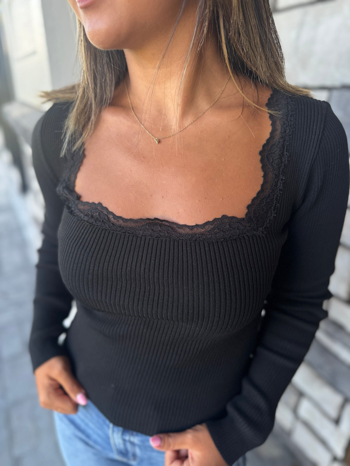 Marie Black Square Neck Lace Trim Ribbed Sweater Top