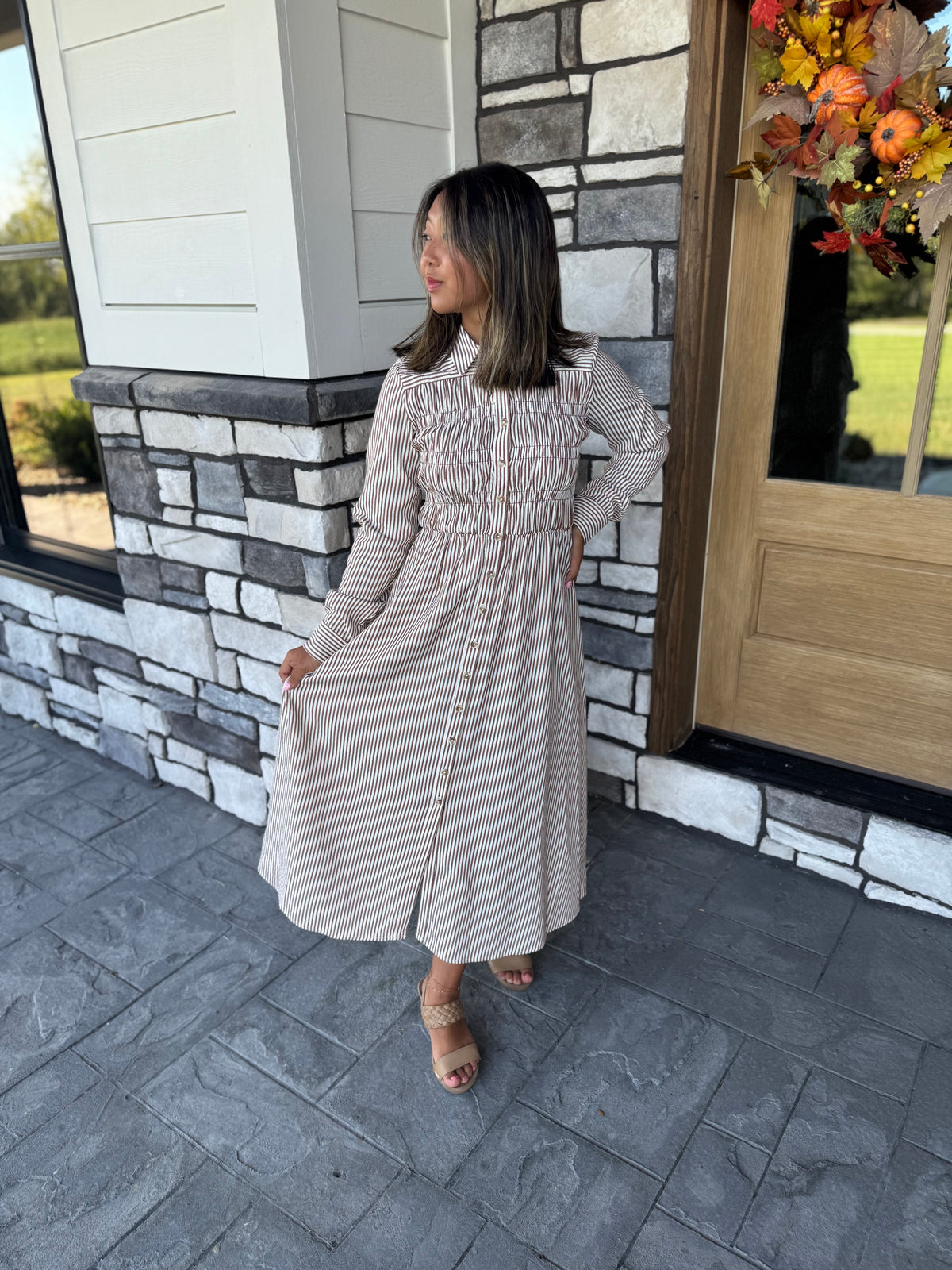 Mindy Brown Striped Button Up Midi Dress