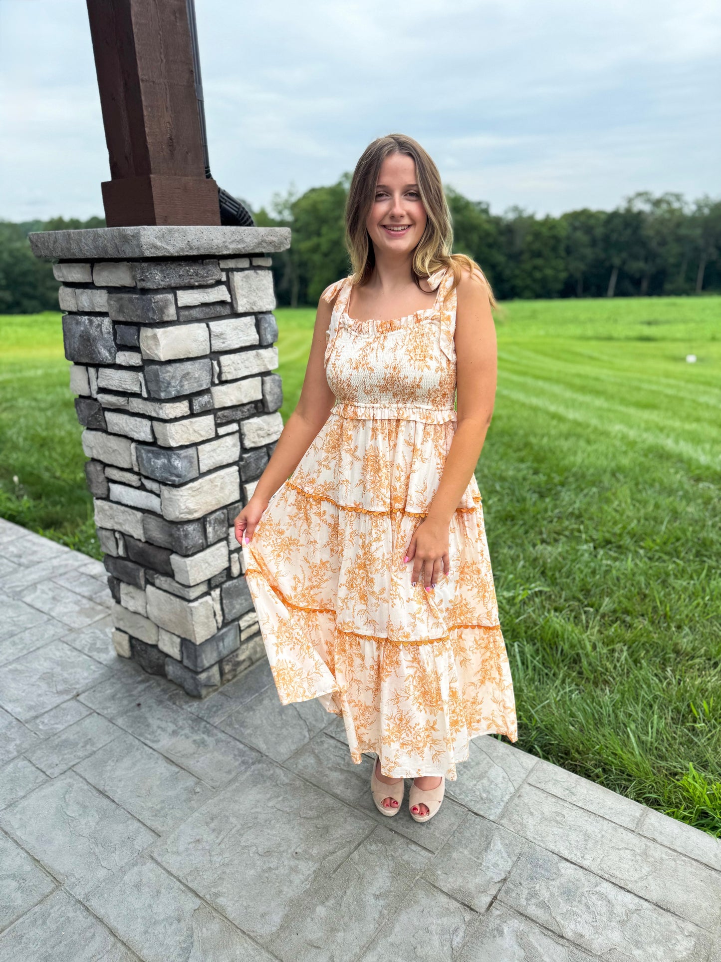 Charlotte Off White & Dark Amber Tiered Lace Trim Floral Midi Dress