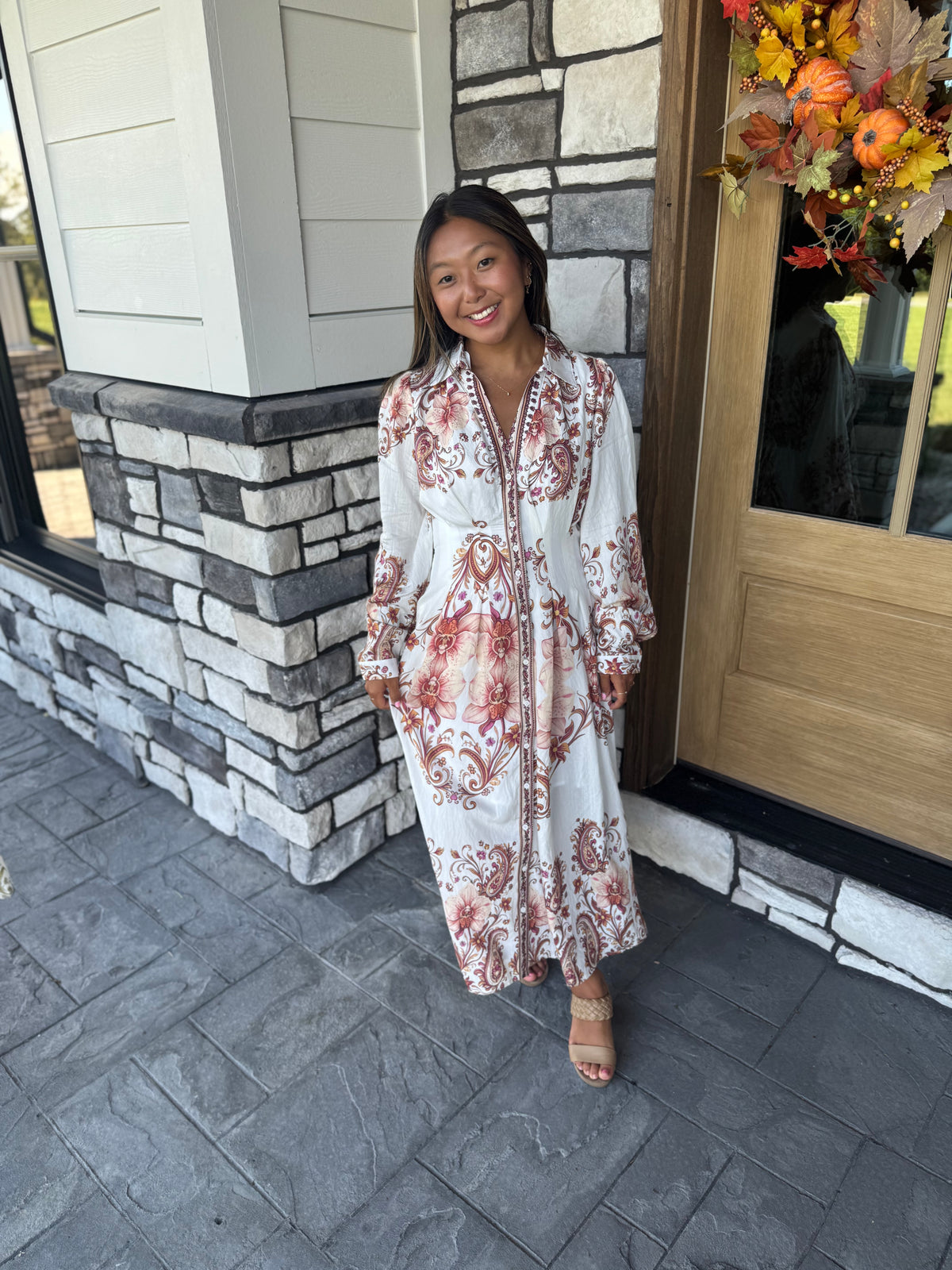 Mabel Amber Paisley Pleated Waist Button Up Midi Dress