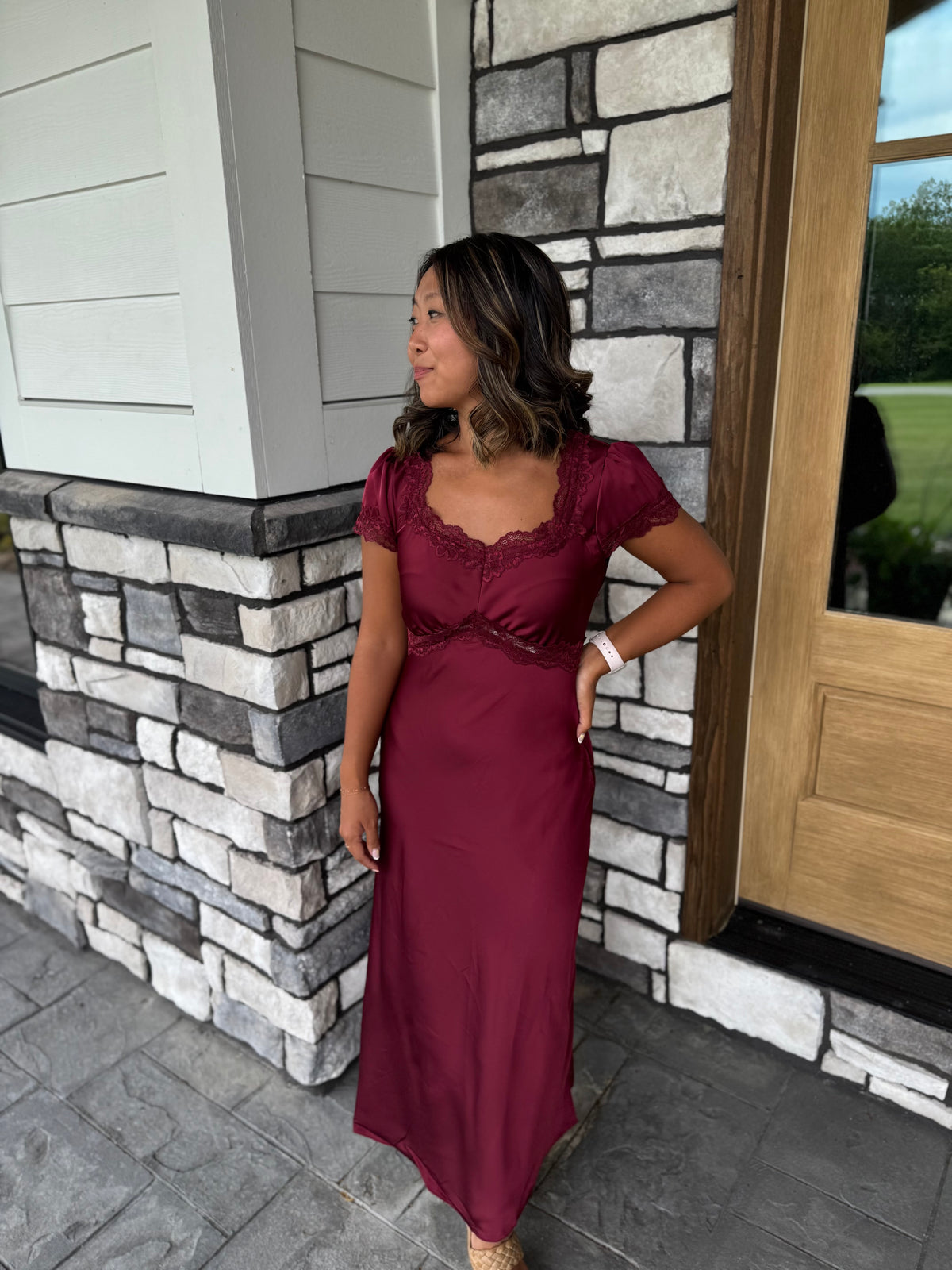 Ramona Burgundy Satin Lace Trim Detail Midi Dress