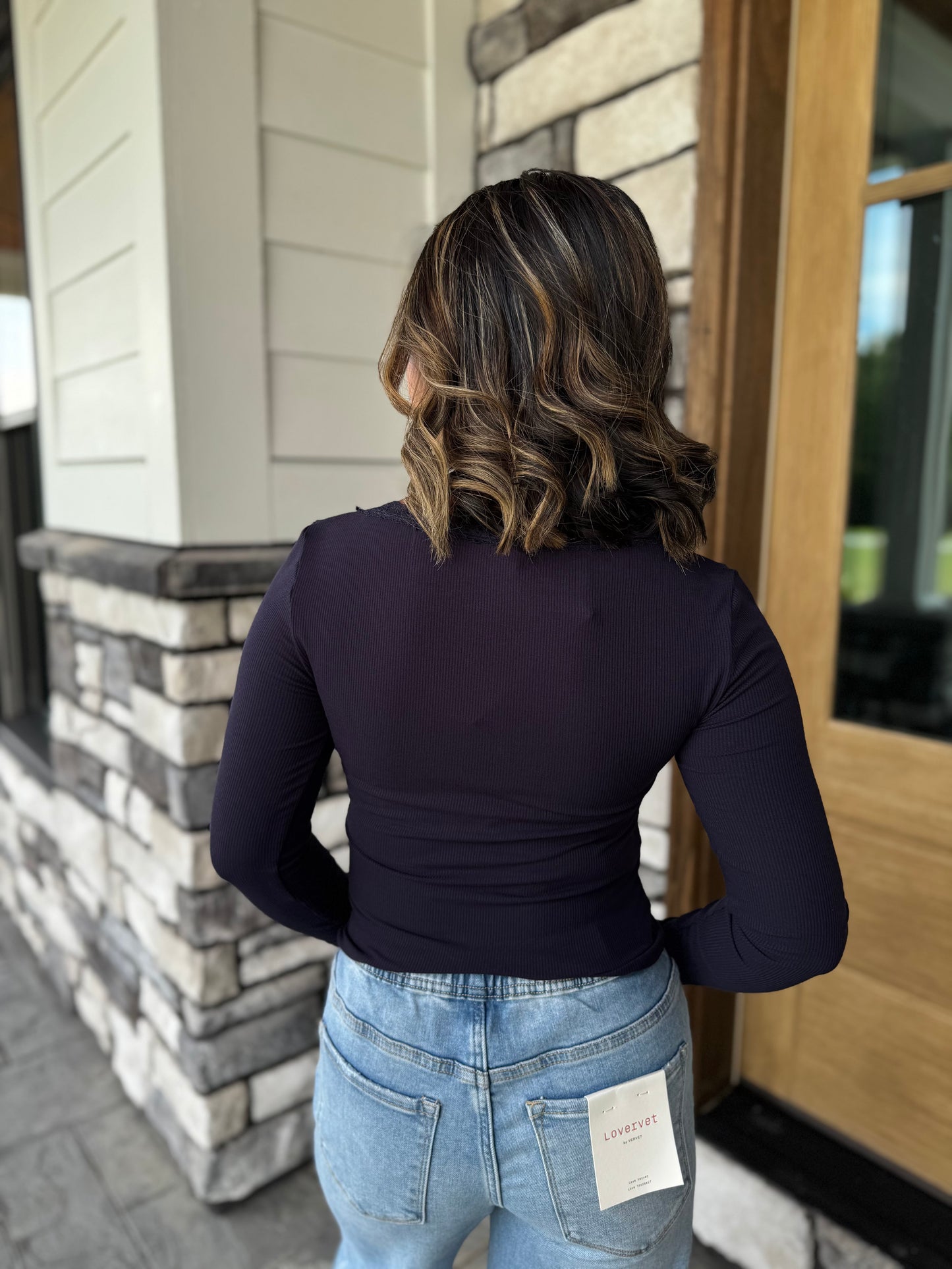 Ally Navy Lace Trim Long Sleeve Ribbed Top