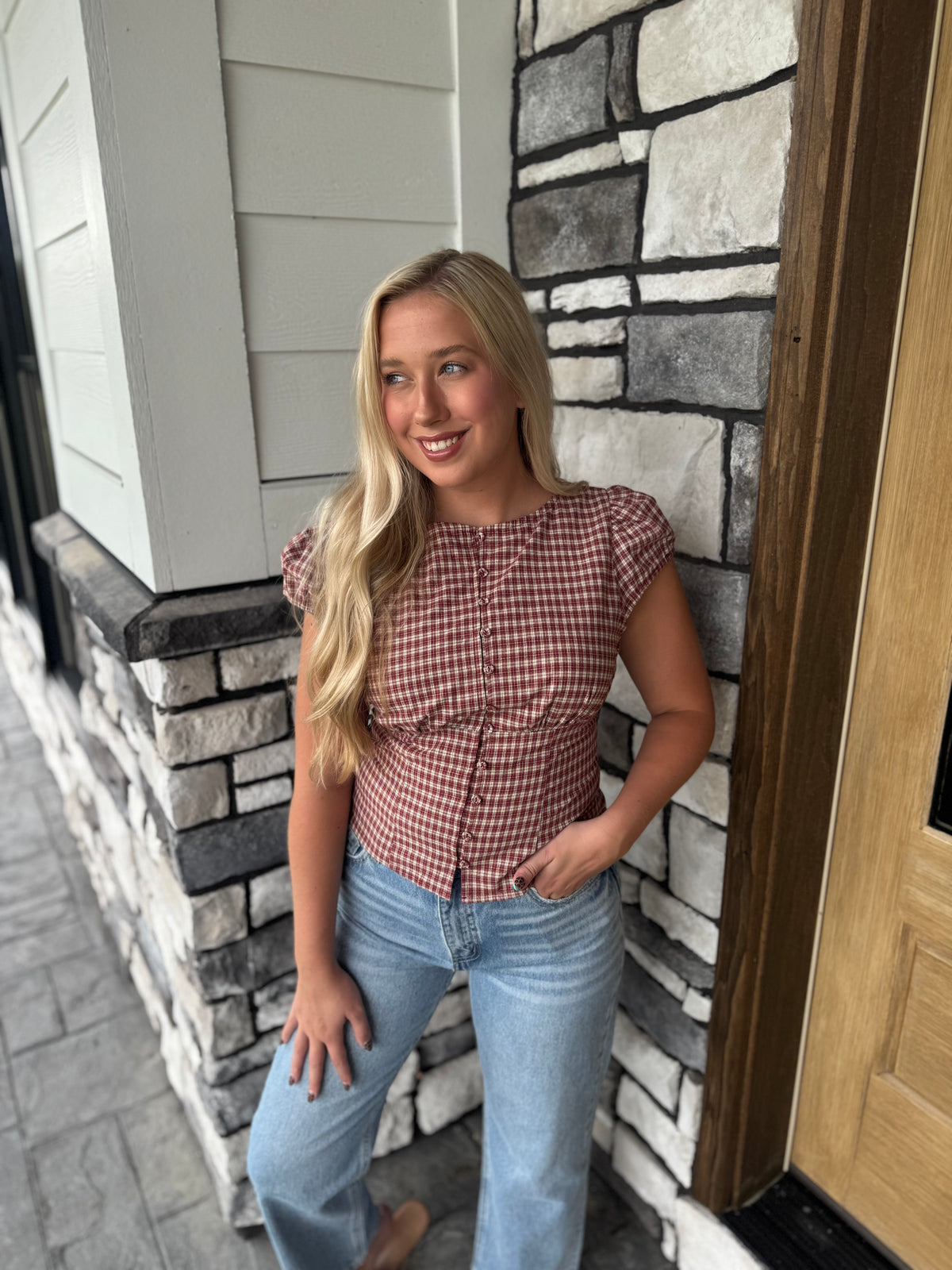 Chloe Burgundy Plaid Button Up Puff Sleeve Top