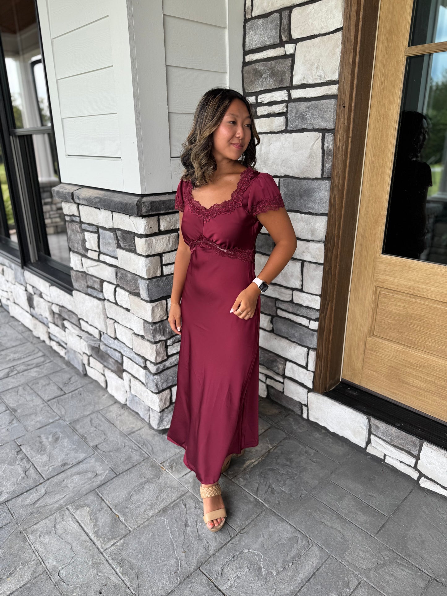 Ramona Burgundy Satin Lace Trim Detail Midi Dress