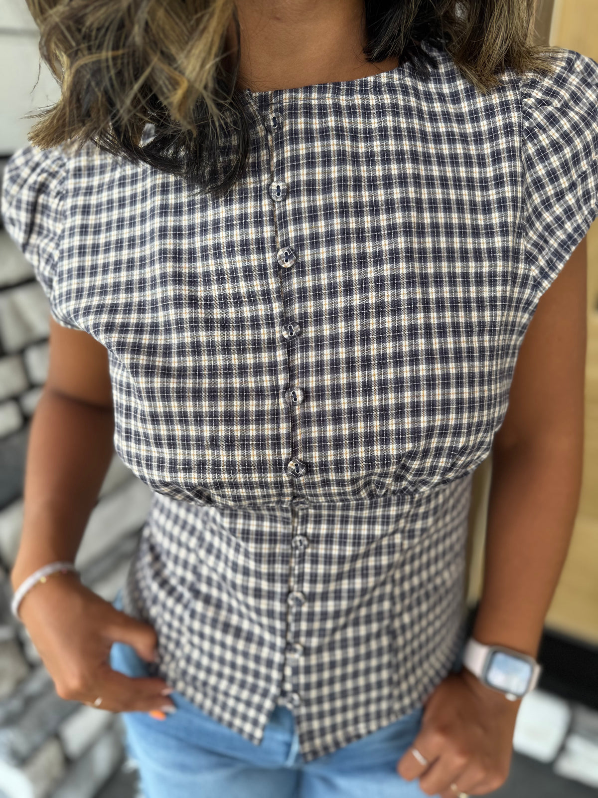 Chloe Navy Plaid Button Up Puff Sleeve Top