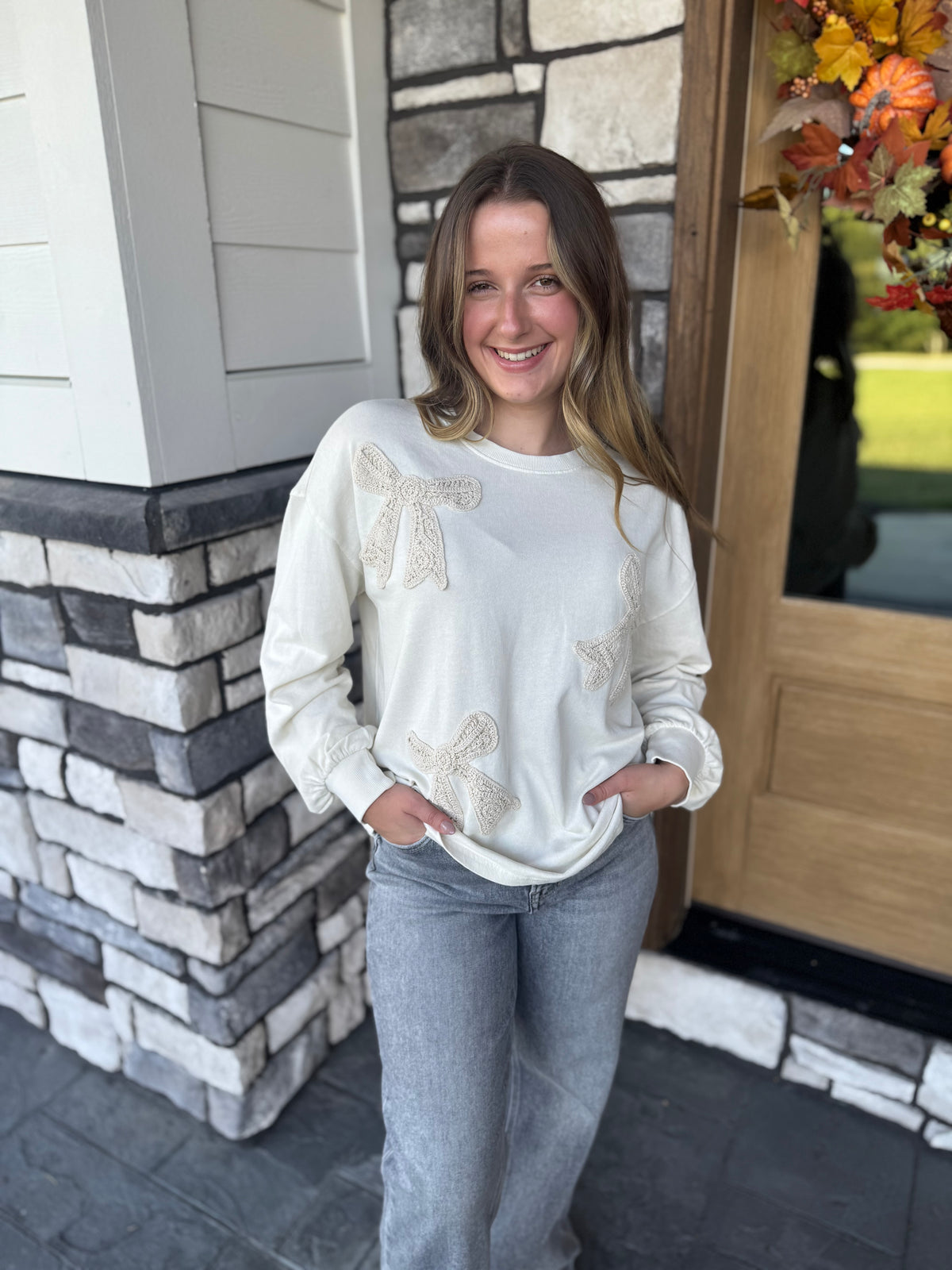 Shelly Ecru Crocheted Bow Patch Terry Pullover