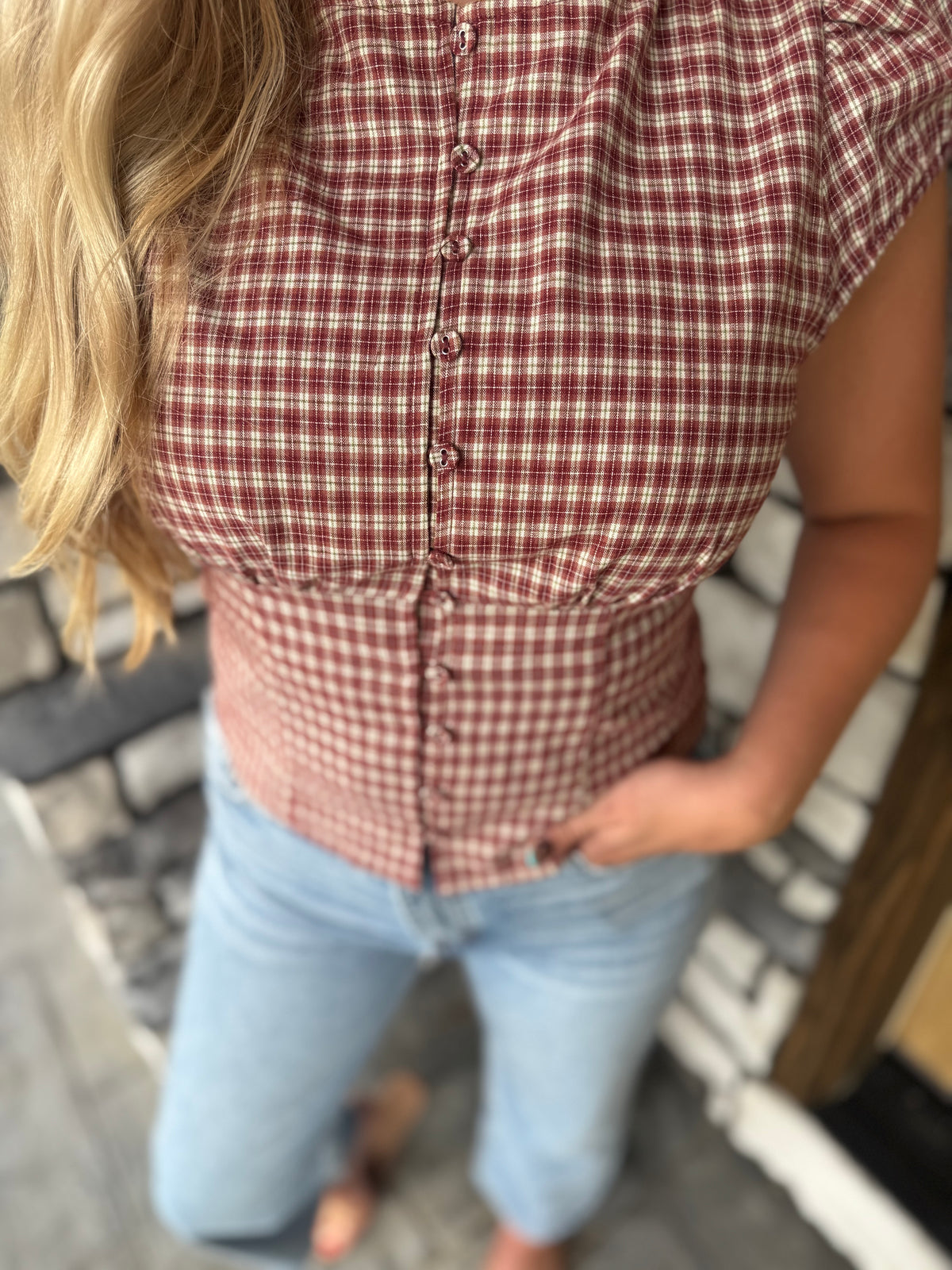 Chloe Burgundy Plaid Button Up Puff Sleeve Top