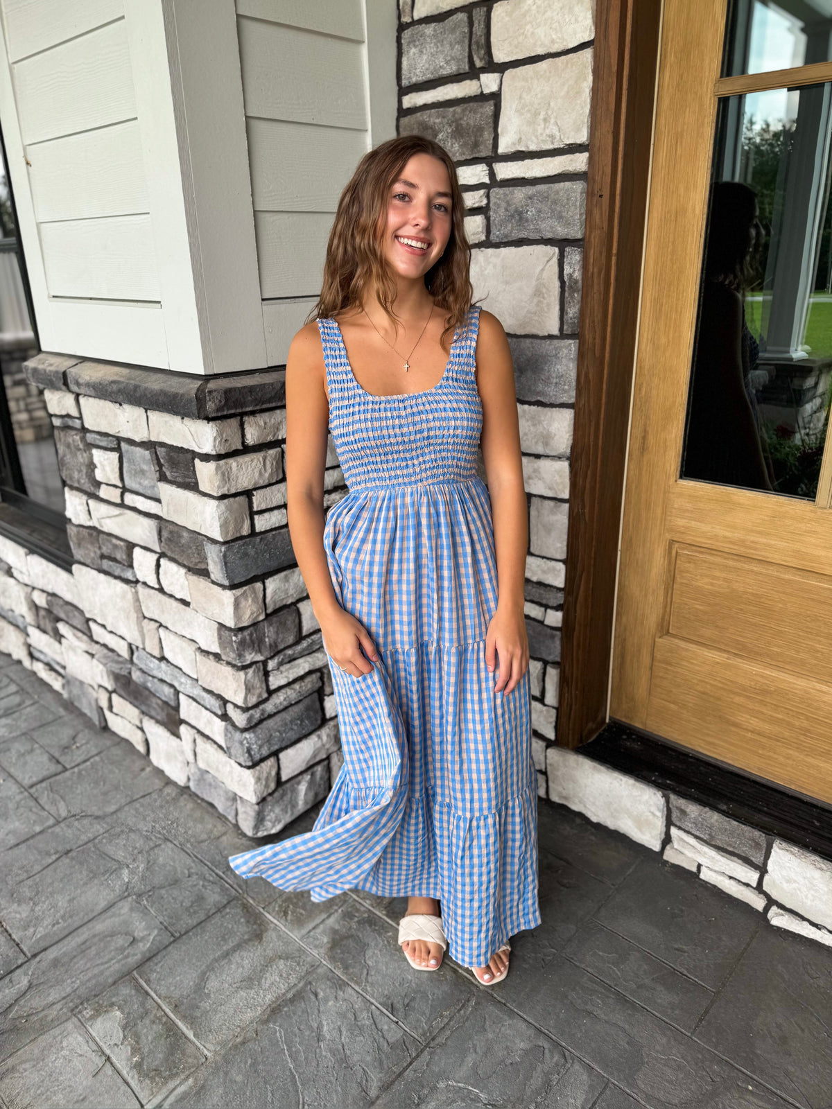Melanie Blue & Peach Smocked Bodice Gingham Maxi Dress