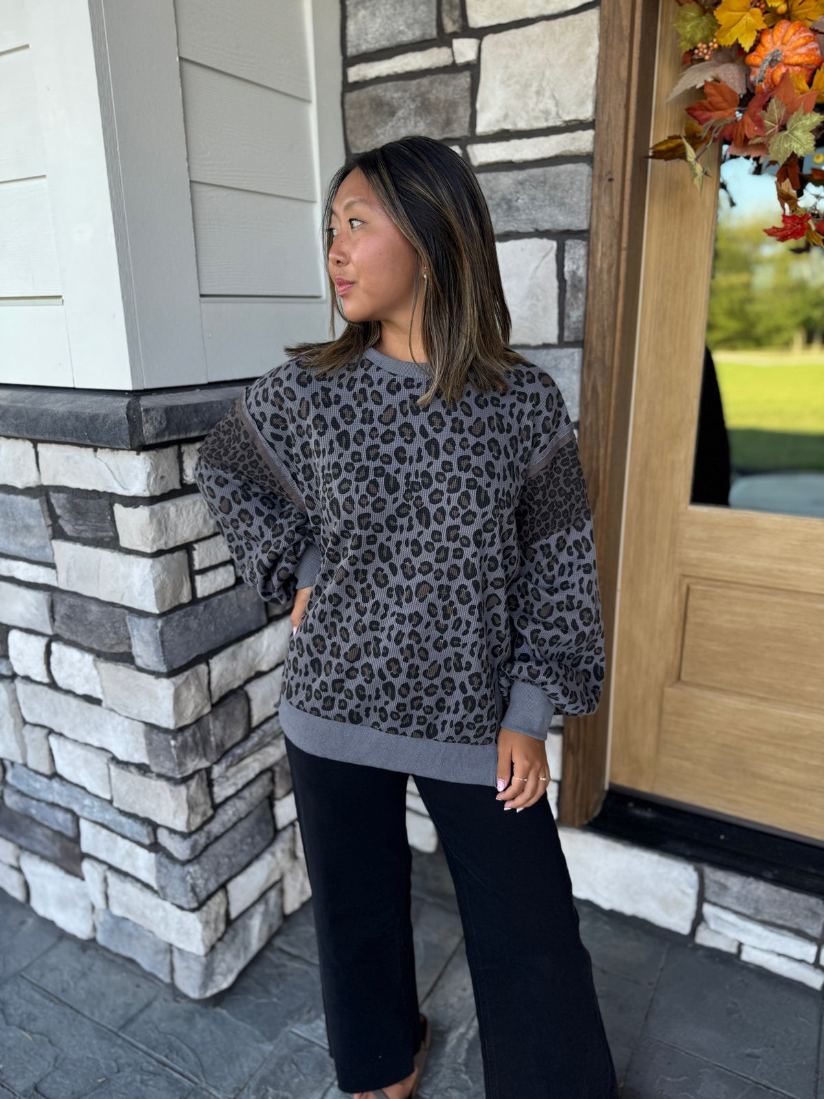 Palmer Charcoal Leopard Print Waffle Knit Pullover