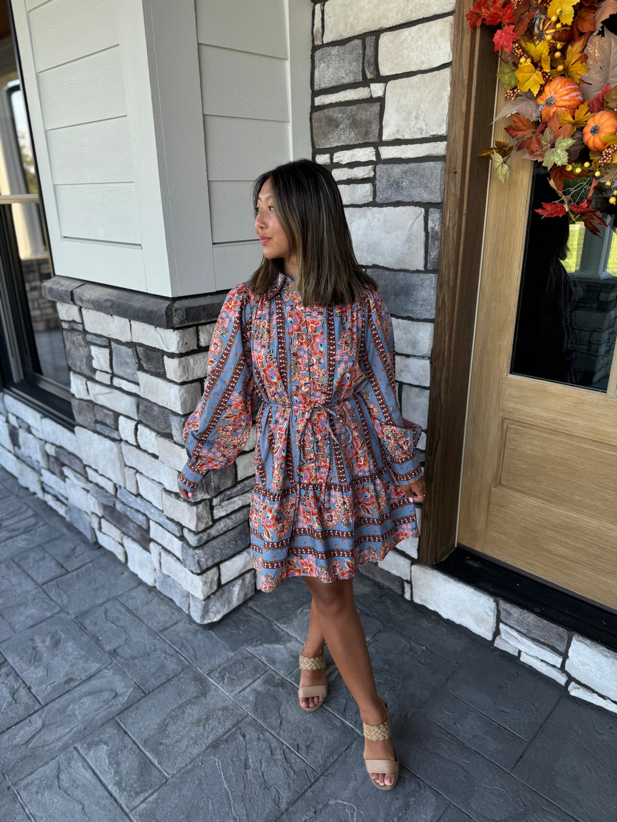 Leena Blue Floral Striped Belted Mini Dress