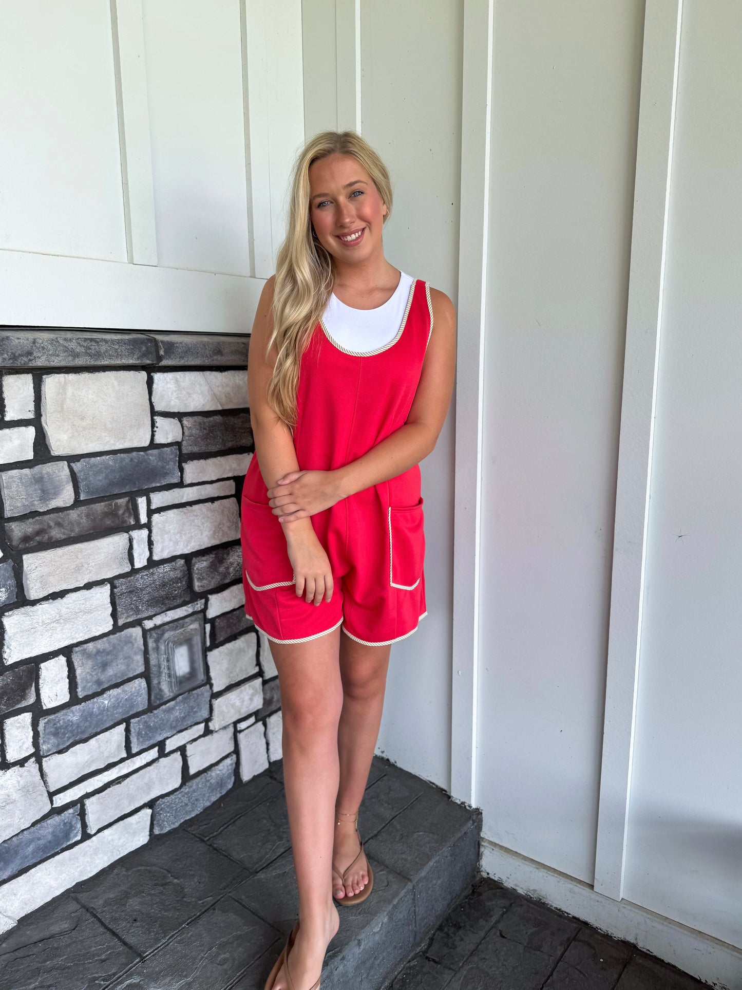 Rosie Coral Red Contrast Trim Romper