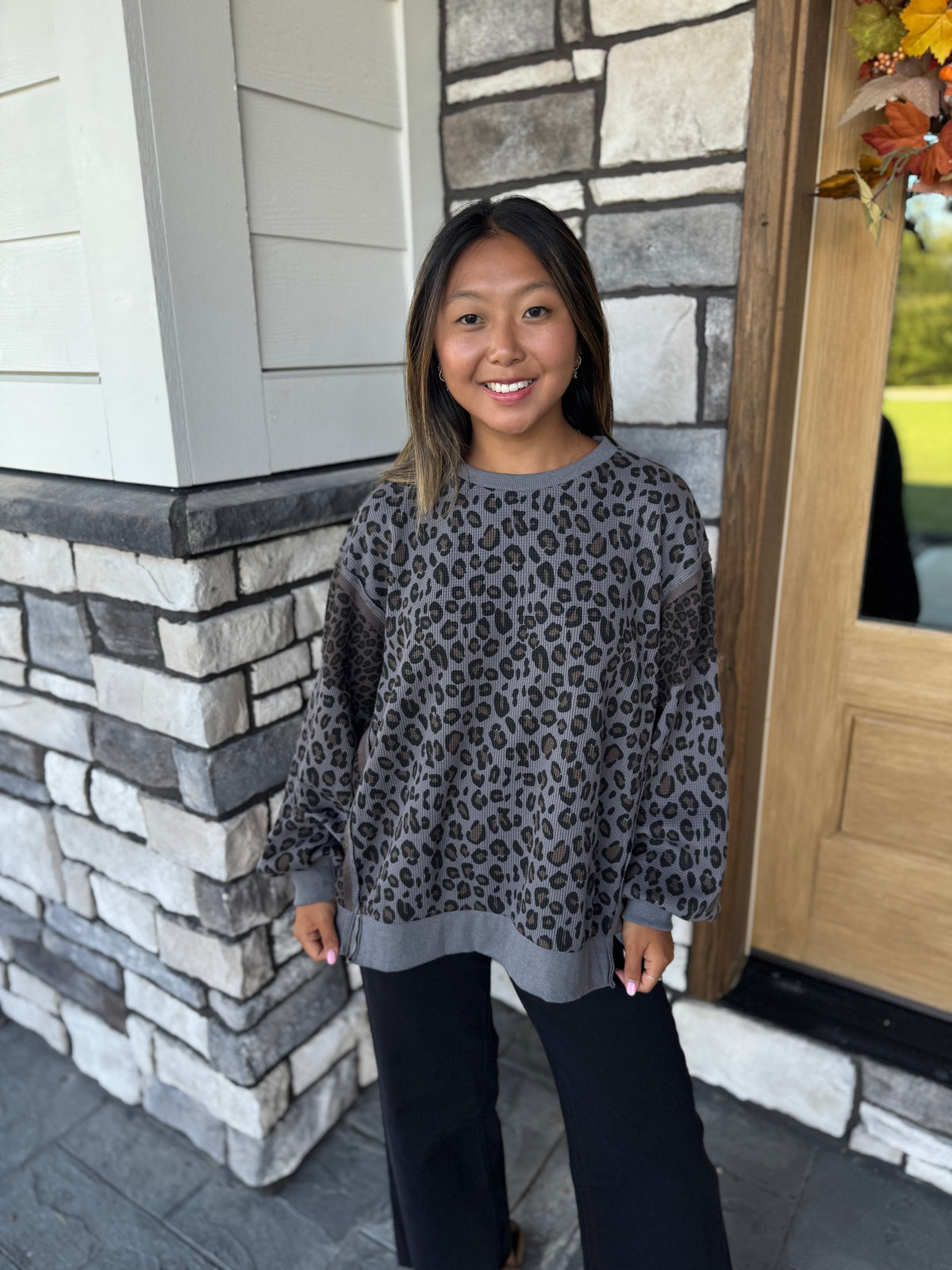 Palmer Charcoal Leopard Print Waffle Knit Pullover