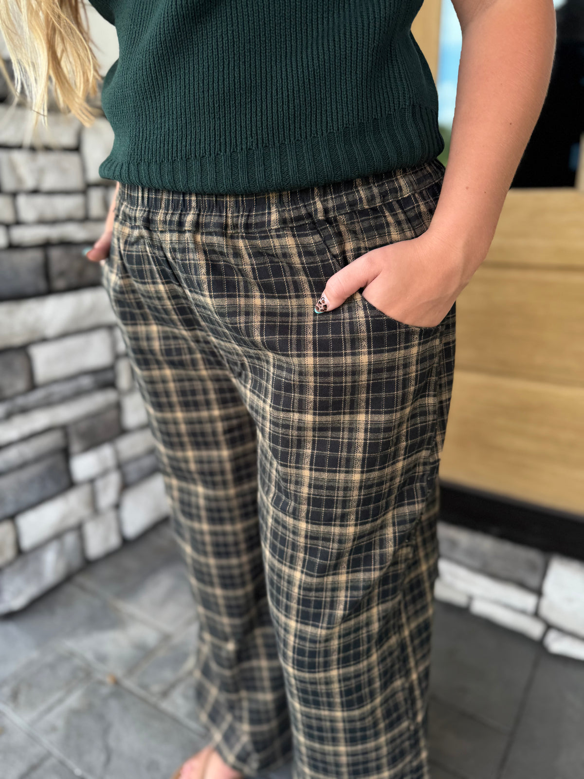 Stevie Hunter Green Plaid Elastic Waist Wide Leg Pants