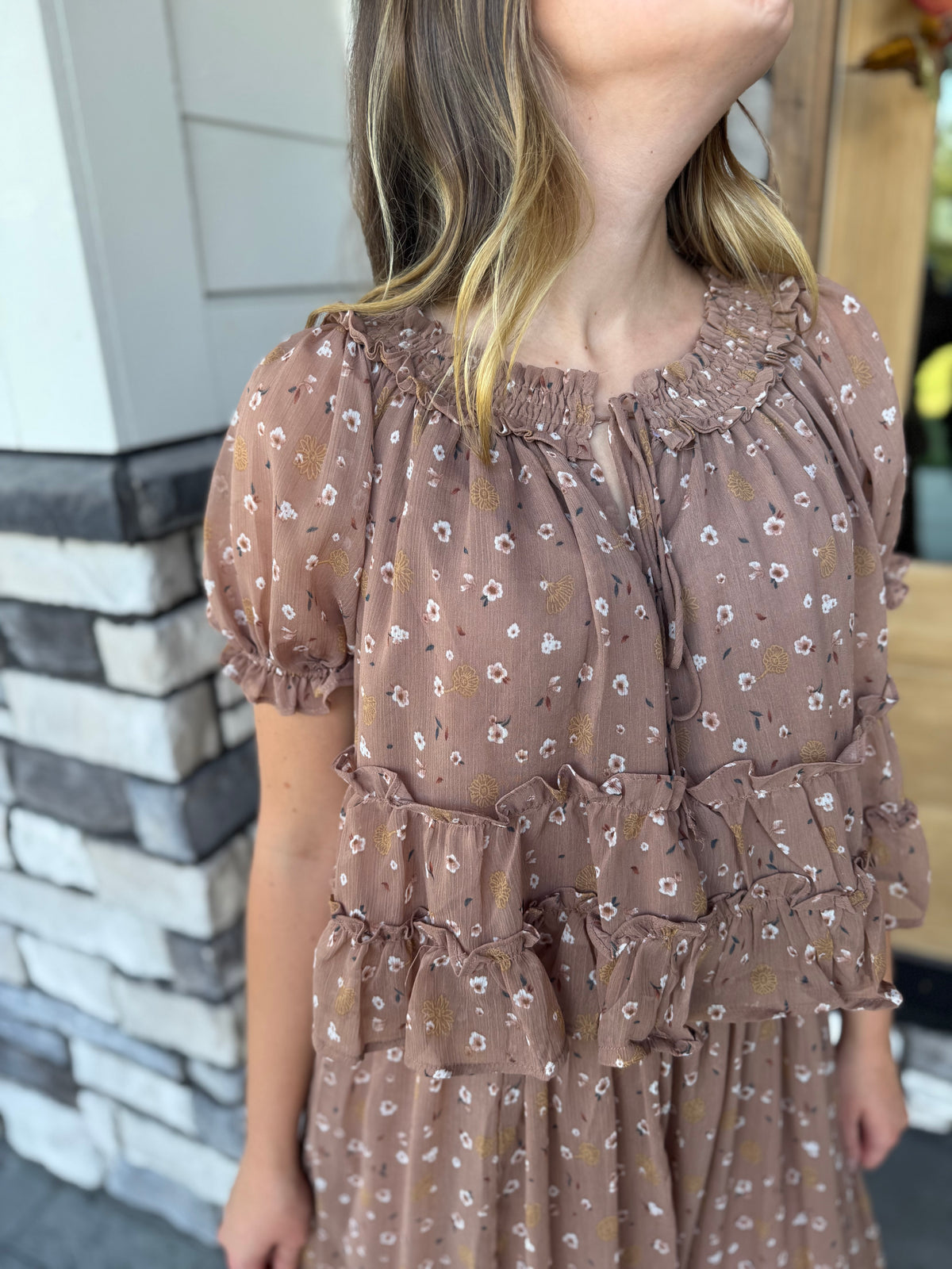 Evelyn Floral Smocked Neckline Puff Sleeve Top