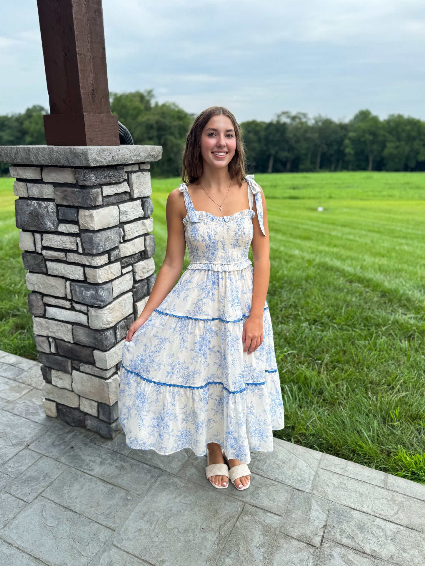 Charlotte Ivory & Baby Blue Tiered Lace Trim Floral Midi Dress