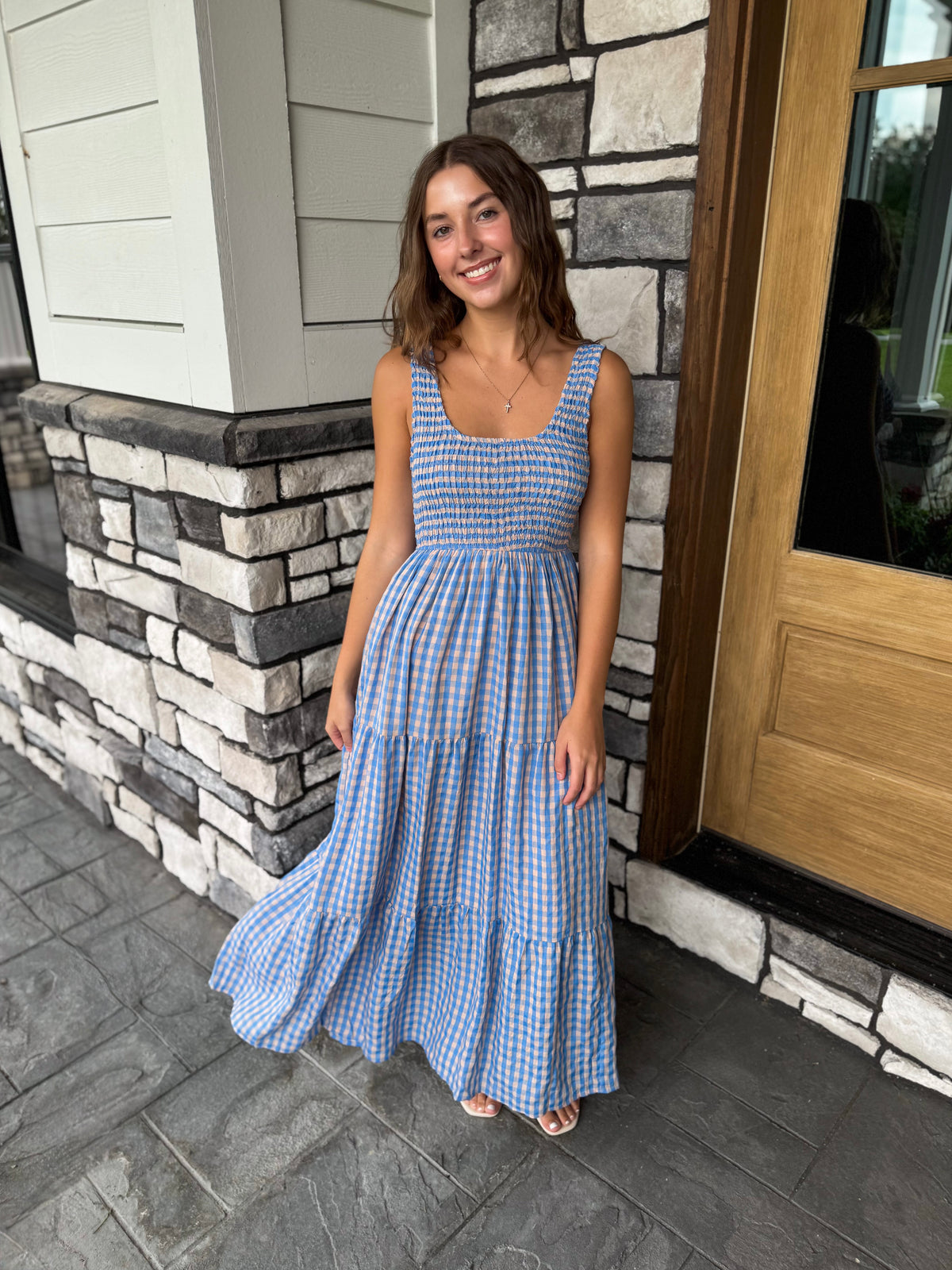 Melanie Blue & Peach Smocked Bodice Gingham Maxi Dress